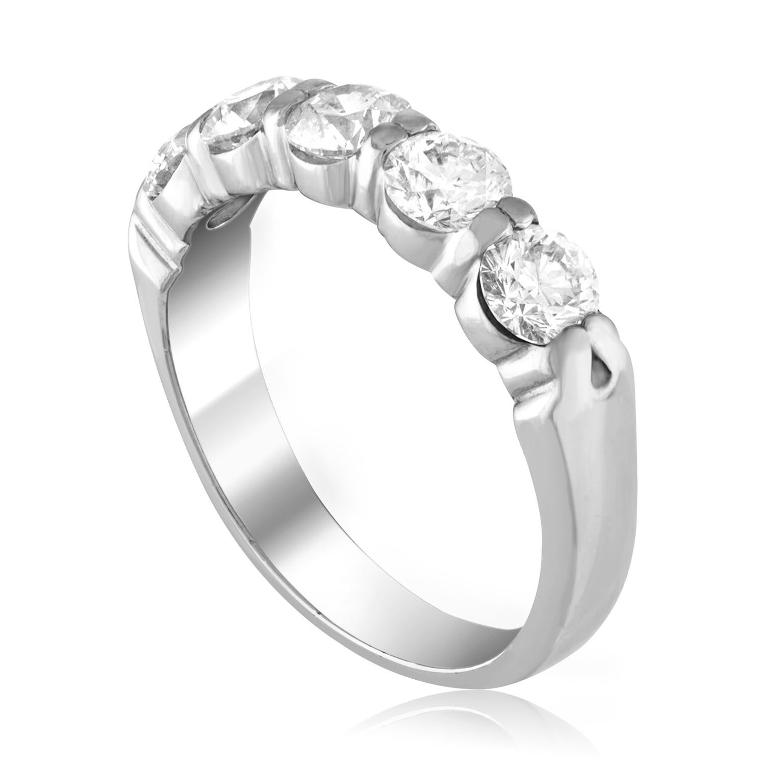 Very Beautiful Half Diamond Band Ring
The ring is Platinum
There are 5 Round Cut Diamonds prong set
There are 1.38 Carats In Diamonds F VS
The ring is a size 6, sizable. 
The band is 4.25 mm wide and tapers down to 3.34 mm.
The ring weighs 6.4 grams.