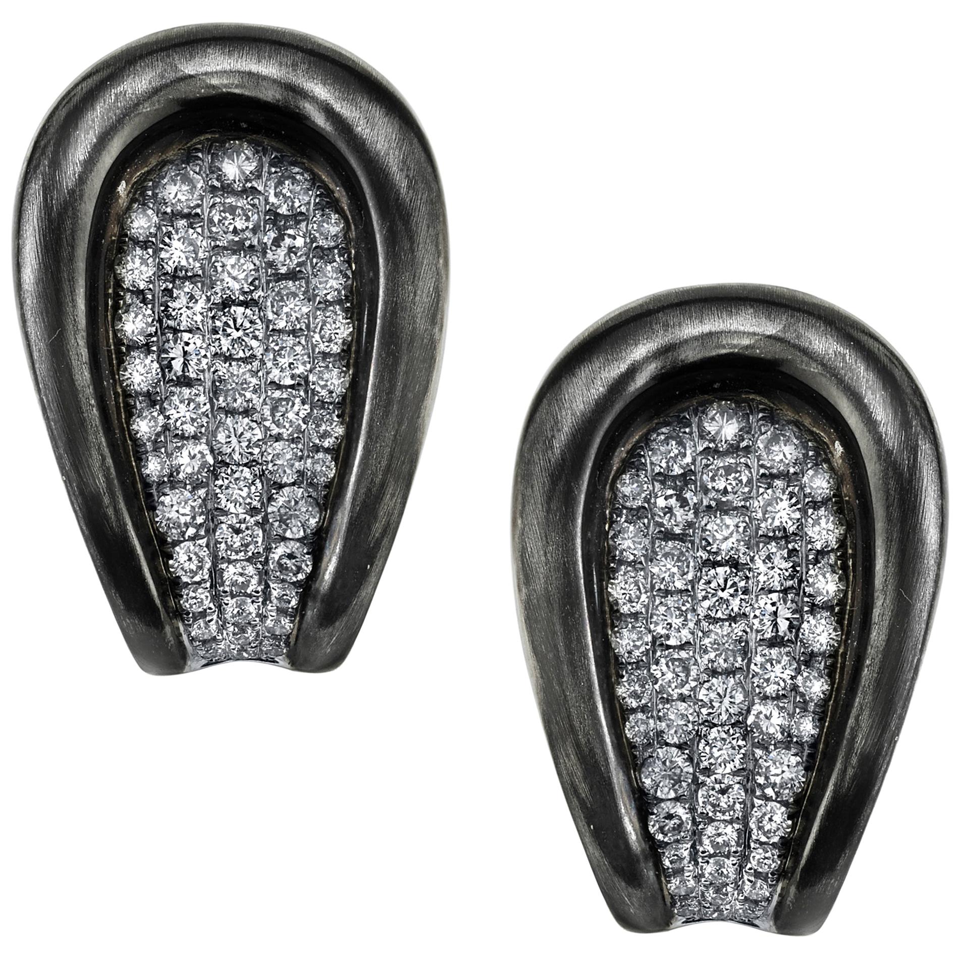 Diamond Pave Italian Horseshoe Design French Clip Earrings in White Gold 