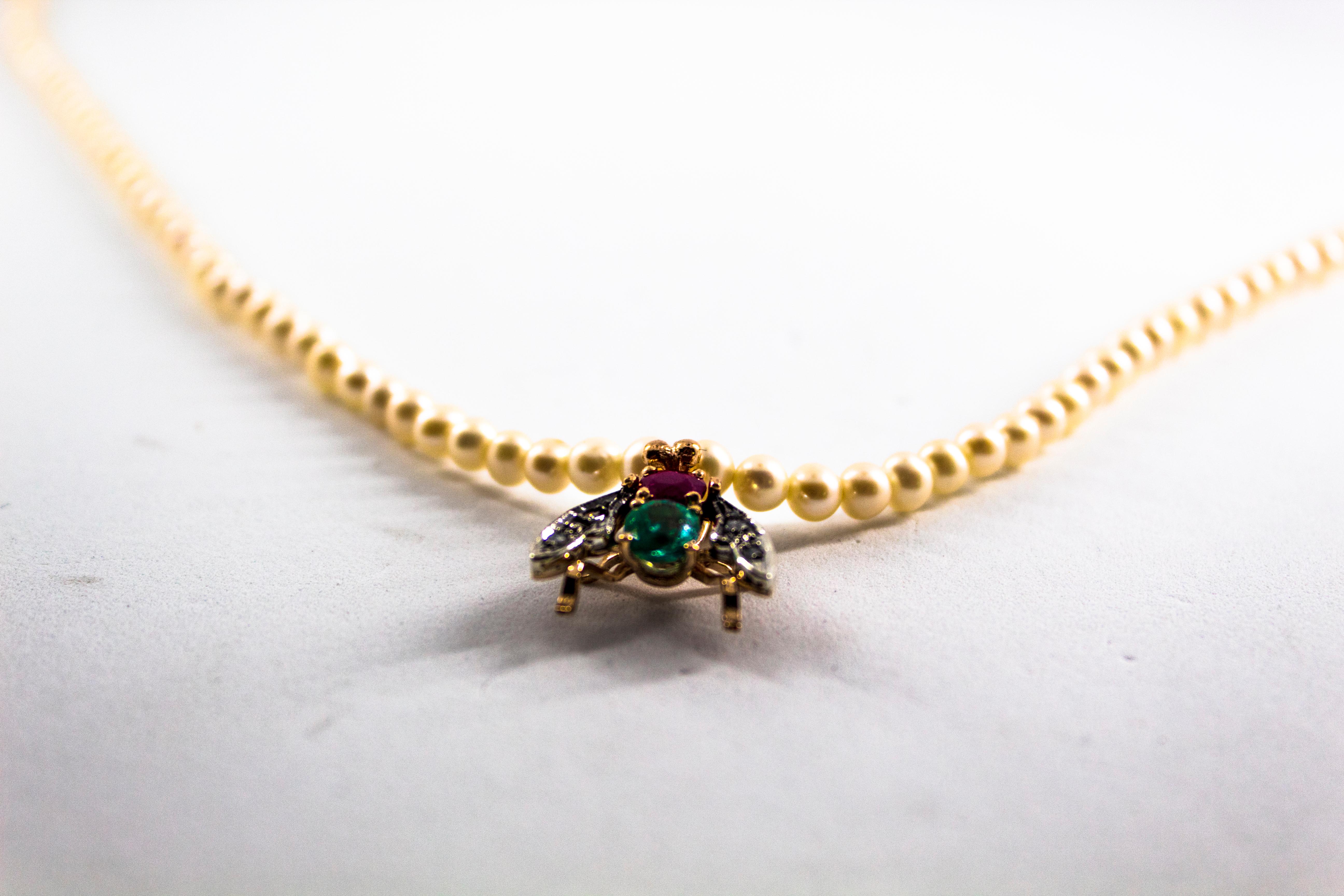 1.38 Carat Diamond Ruby Emerald Pearl Yellow Gold 