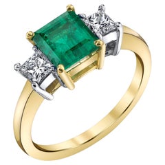 1.38 Carat Emerald and Diamond 3-Stone Engagement Ring in White and Yellow Gold