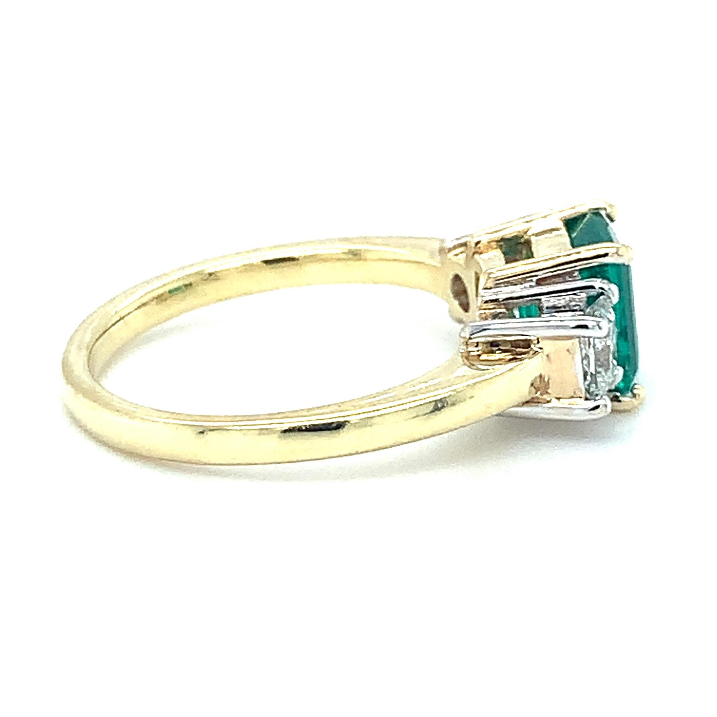 Artisan 1.38 Carat Emerald and Diamond 3-Stone Engagement Ring in White and Yellow Gold For Sale