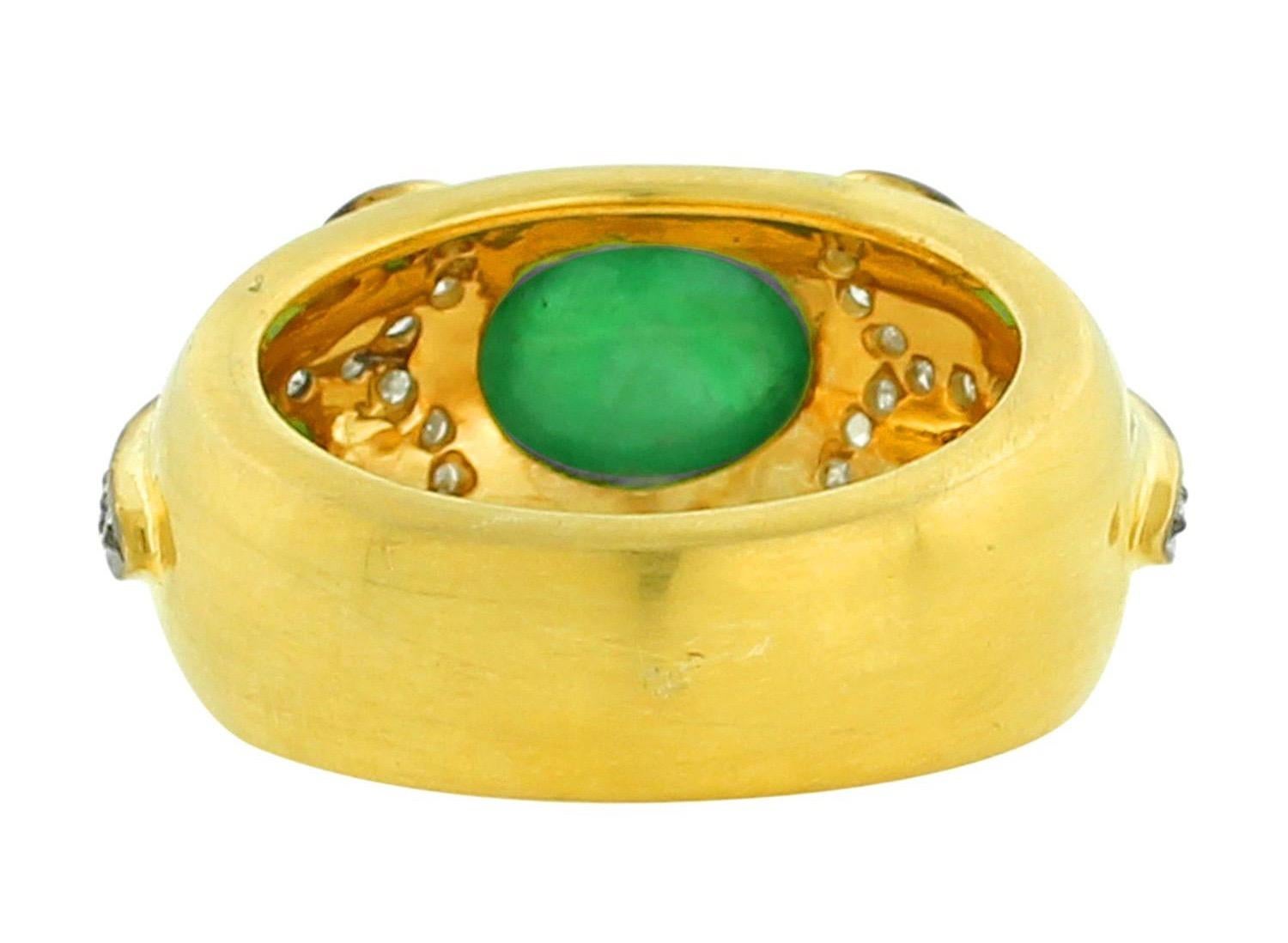 This ring has been meticulously crafted from 18-karat gold. Handcrafted in 1.38 carats emerald & illuminated with .33 carats diamonds. 

The ring is a size 7 and may be resized to larger or smaller upon request.
FOLLOW  MEGHNA JEWELS storefront to