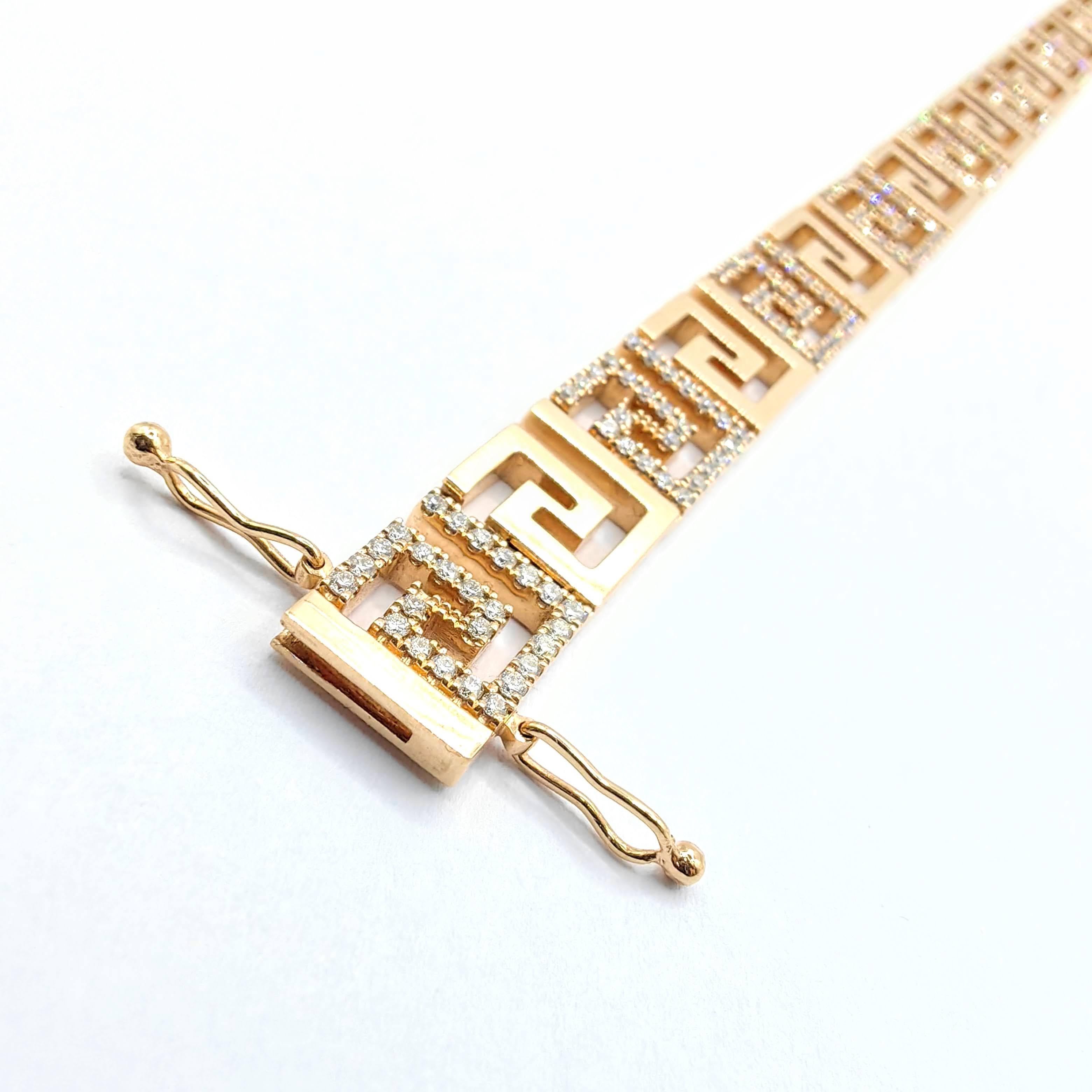 Round Cut 1.38 Carat Greek Key Maze Geometric Pavé Diamond Bracelet in 18K Rose Gold For Sale