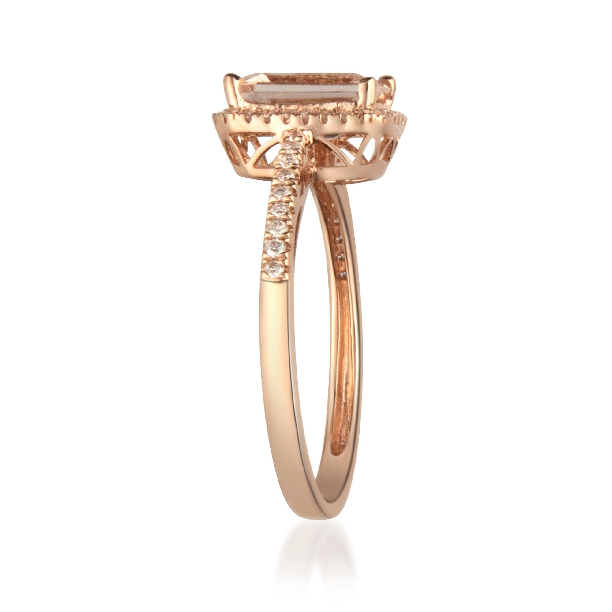 This beautiful Genuine Morganite Ring is crafted in 14-karat Rose gold and features a 1.38 carat 1 Pc Genuine Morganite and 46 Pcs Round White Diamonds in GH- I1 quality with 0.19 Ct in a prong-setting. This Ring comes in sizes 6 to 9, and it is a
