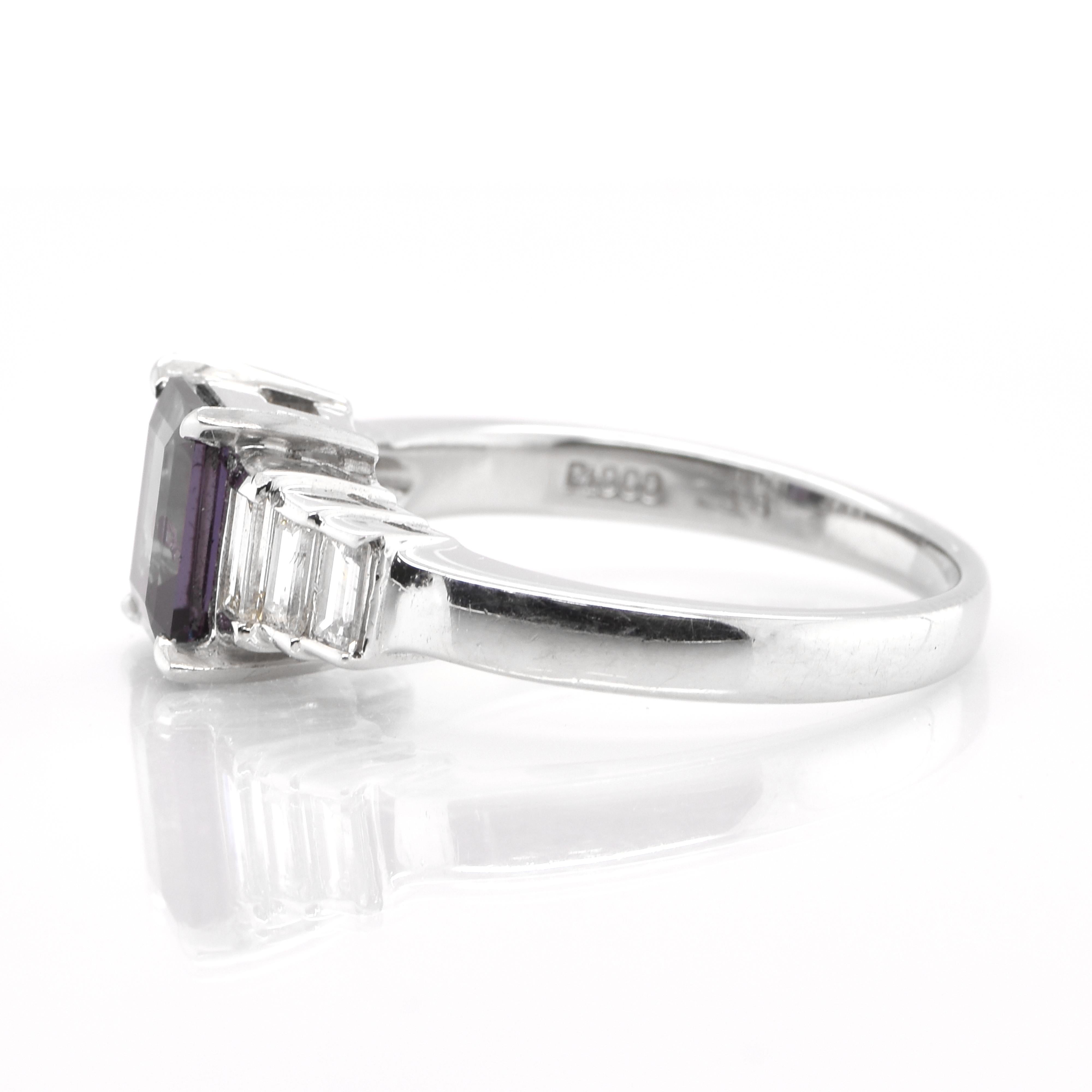 Emerald Cut 1.38 Carat Natural Color-Change Alexandrite and Diamond Ring Set in Platinum