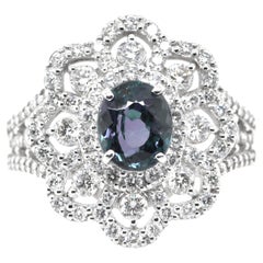 1.38 Carat Natural Color-Changing Alexandrite and Diamond Ring Set in Platinum