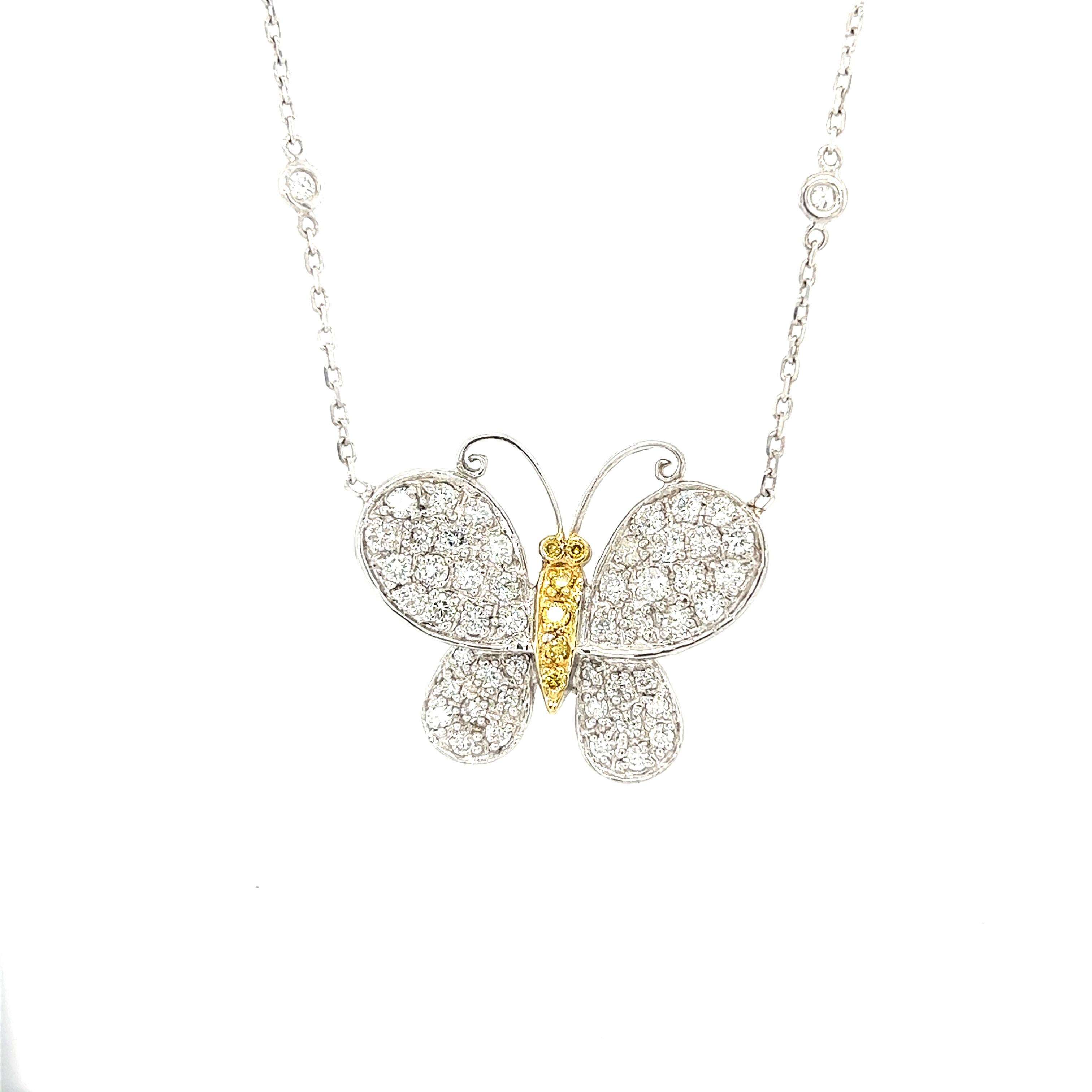 Contemporary 1.38 Carat Natural Diamond White Gold Butterfly Chain Necklace  For Sale