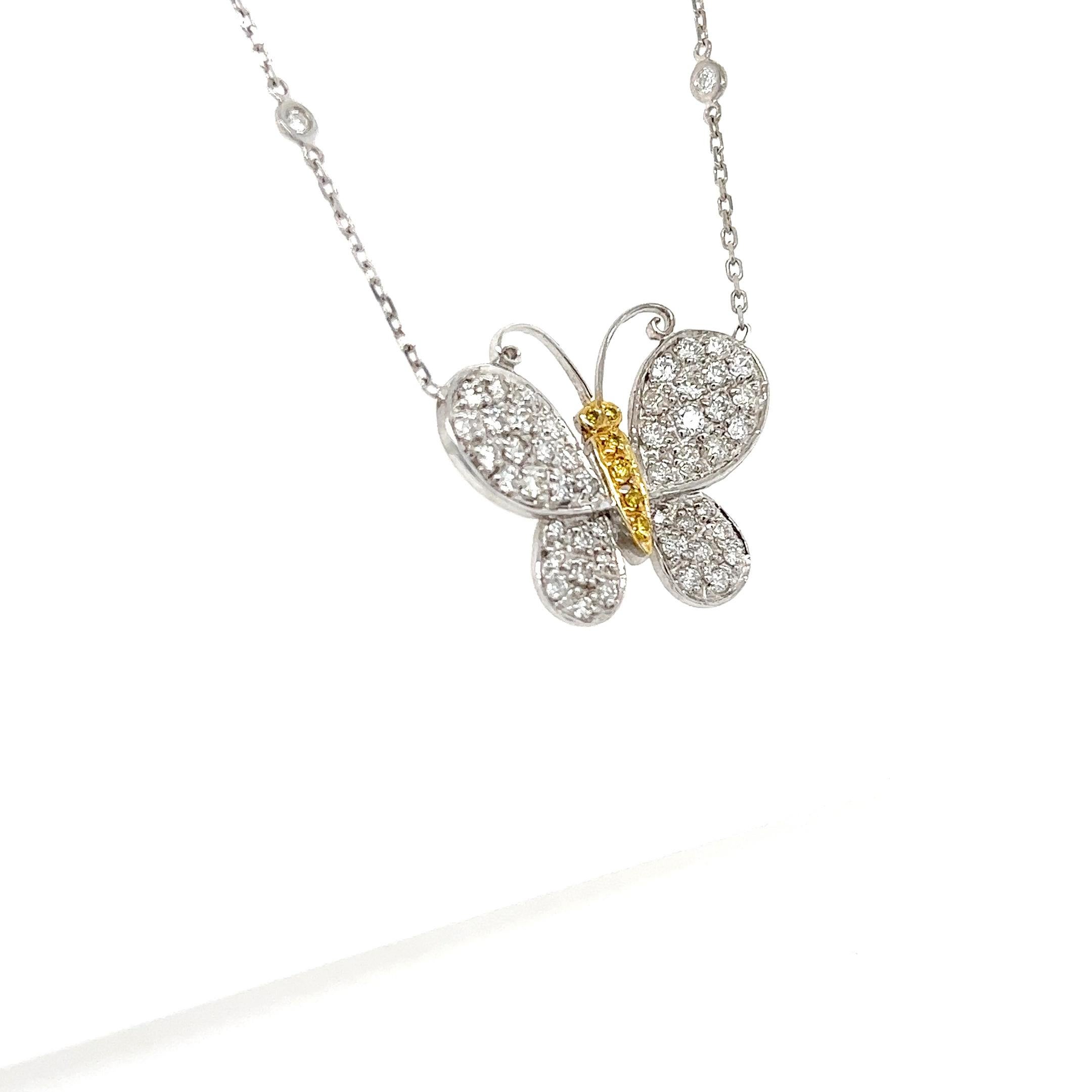 Round Cut 1.38 Carat Natural Diamond White Gold Butterfly Chain Necklace  For Sale
