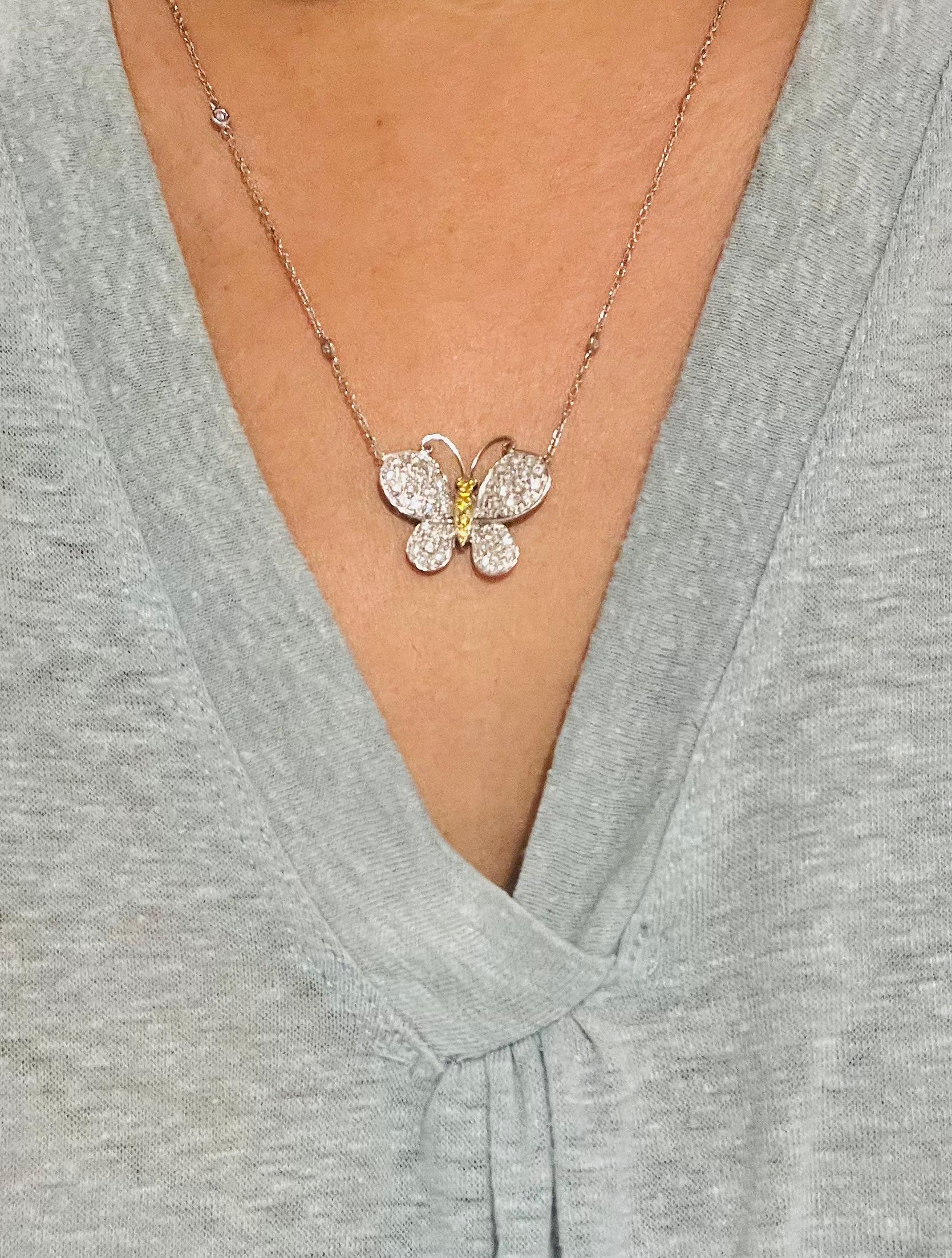 1.38 Carat Natural Diamond White Gold Butterfly Chain Necklace  For Sale 1