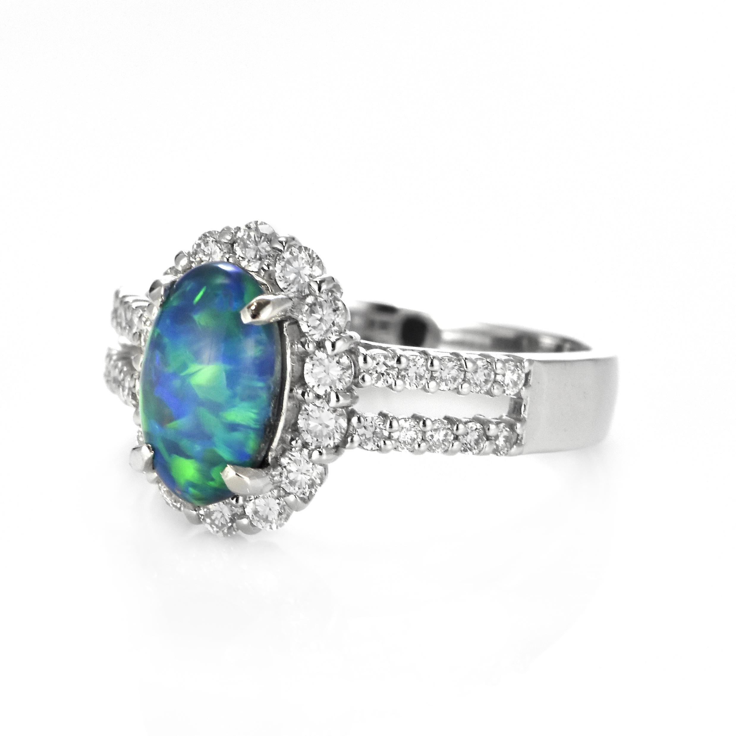 Modern 1.38 Carat Natural Lightning Ridge Black Opal and Diamond Ring Made in Platinum For Sale