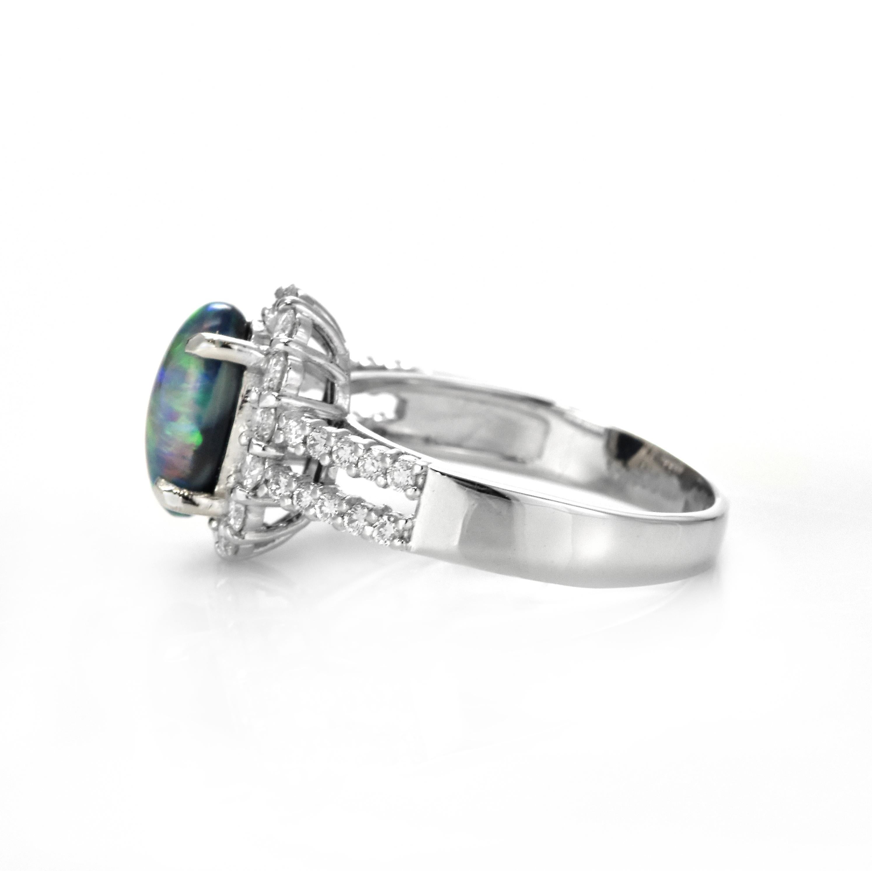 Cabochon 1.38 Carat Natural Lightning Ridge Black Opal and Diamond Ring Made in Platinum For Sale