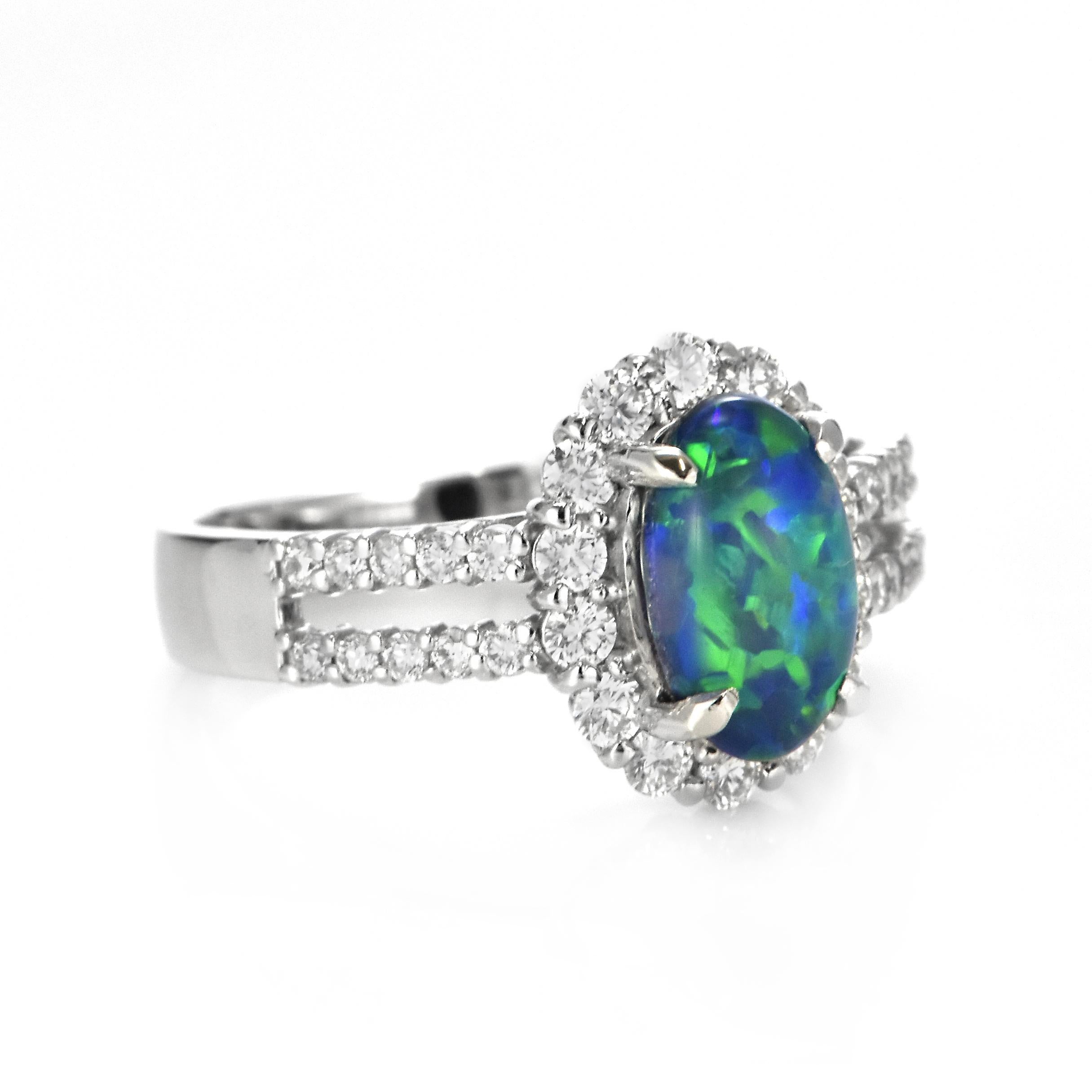 Women's 1.38 Carat Natural Lightning Ridge Black Opal and Diamond Ring Made in Platinum For Sale
