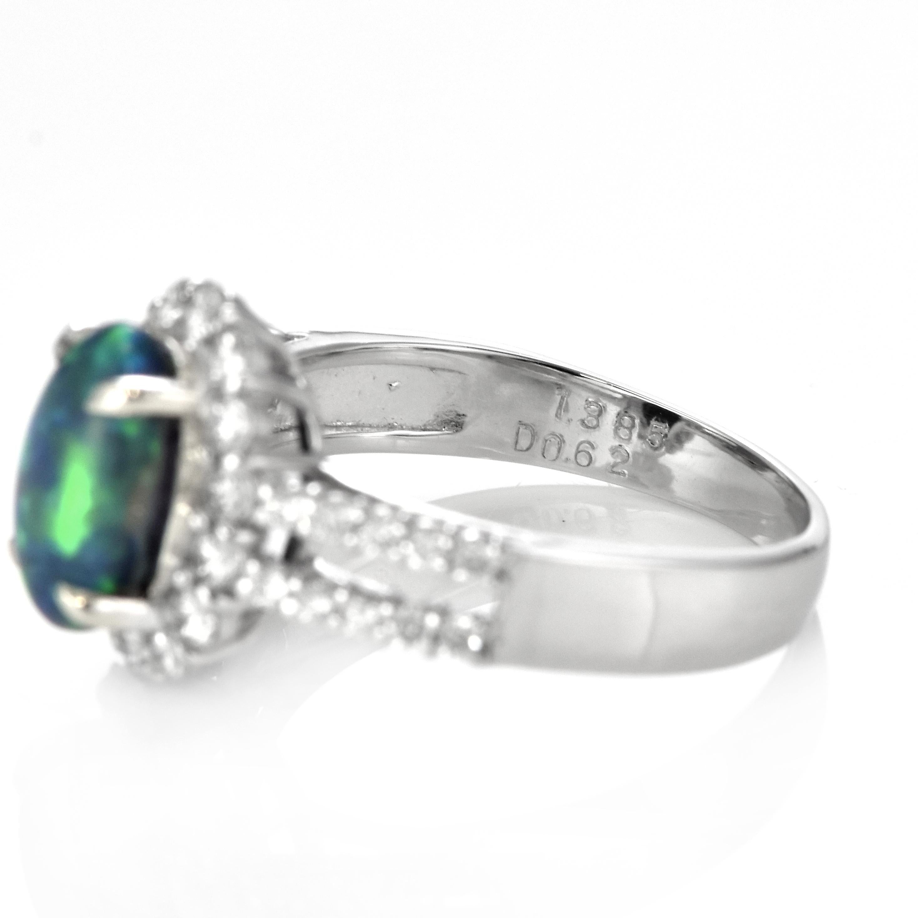 1.38 Carat Natural Lightning Ridge Black Opal and Diamond Ring Made in Platinum For Sale 1