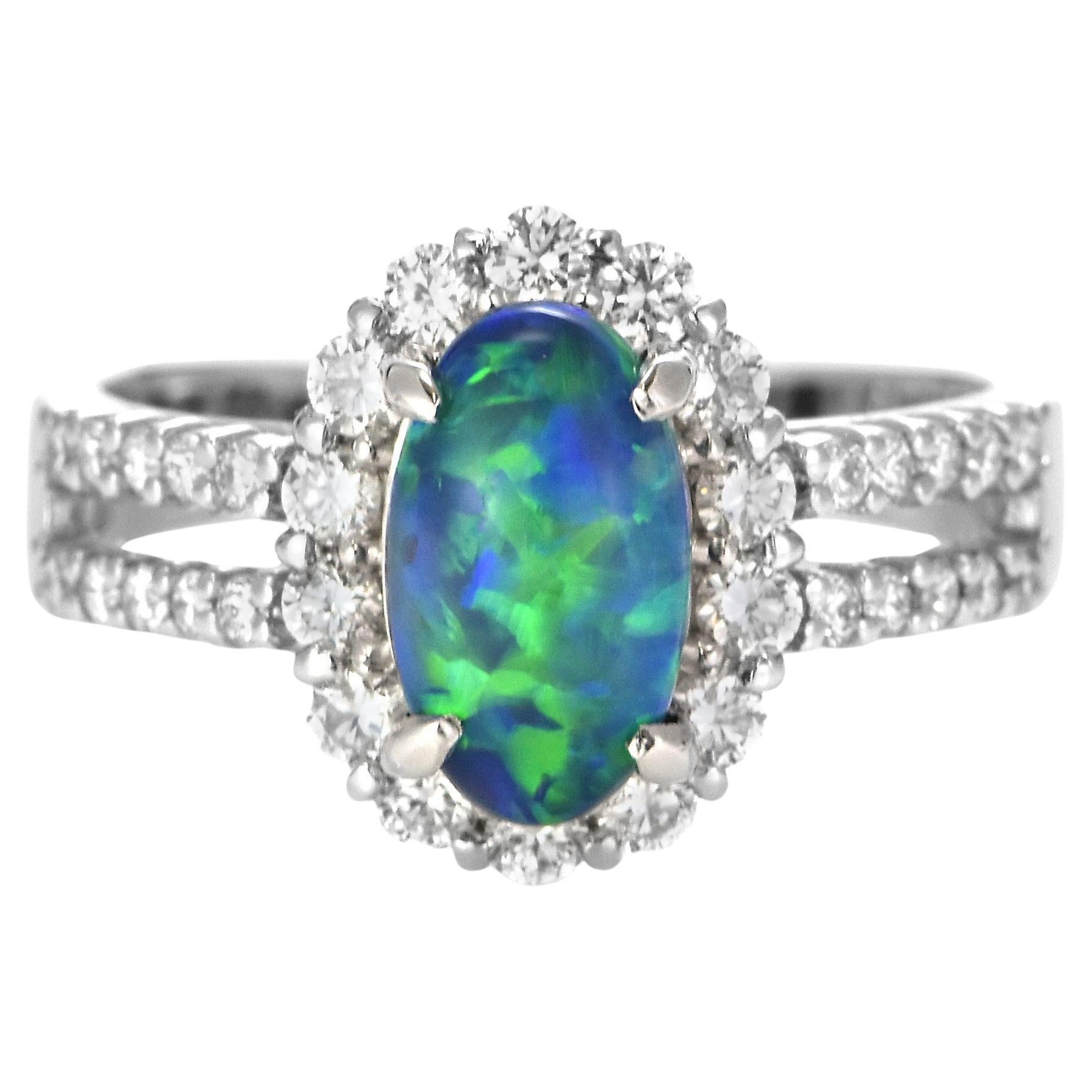 1.38 Carat Natural Lightning Ridge Black Opal and Diamond Ring Made in Platinum