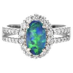 1.38 Carat Natural Lightning Ridge Black Opal and Diamond Ring Made in Platinum