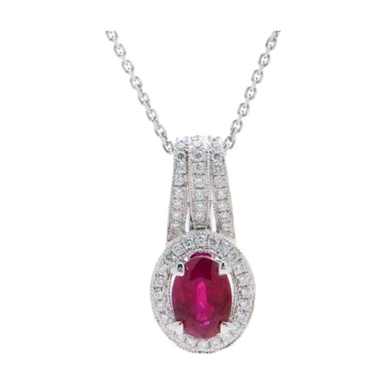 1.38 Carat Oval Cut Ruby and Diamond Pendant in 14 Karat White Gold For Sale