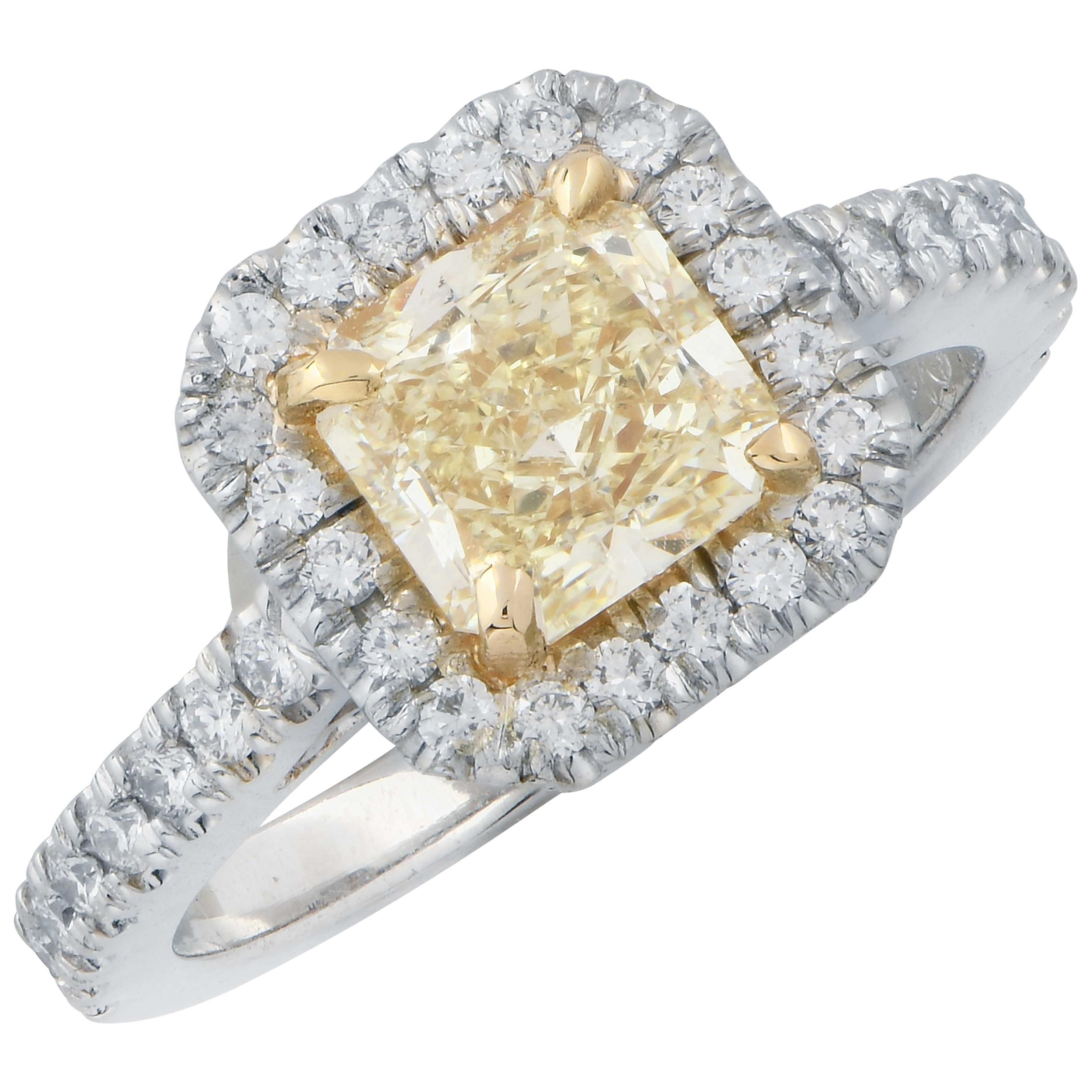 1.38 Carat Radiant Cut Yellow Diamond in Platinum Engagement Ring