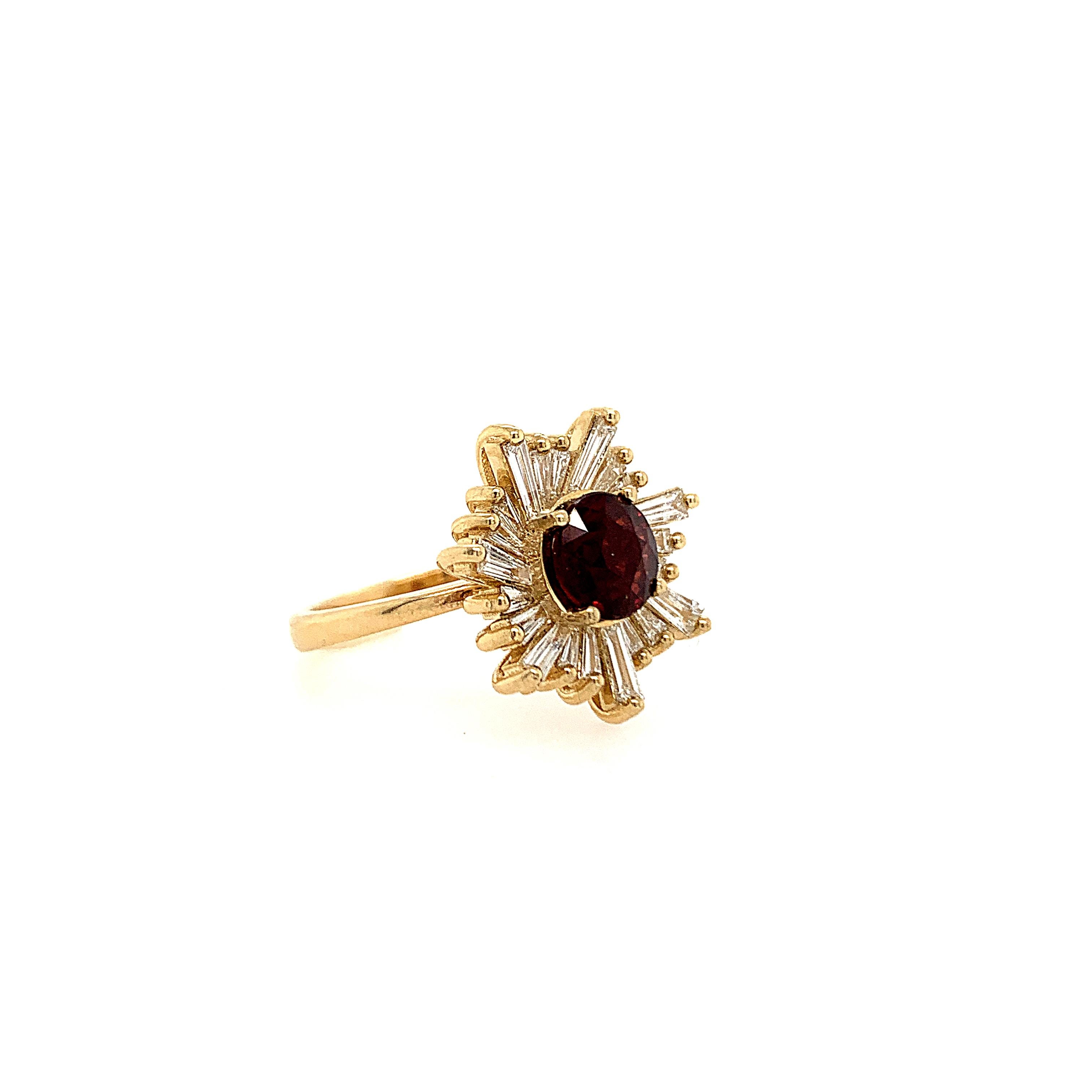 This beautiful ring flaunts a 1.38 carats round natural red Spinel set atop rays of baguette diamonds. 

Set in 14K yellow gold. 

Center stone: Natural red Spinel - 1.38 carat.

Accent stones: Natural baguette diamonds - 0.79 carat. 

2.17 total