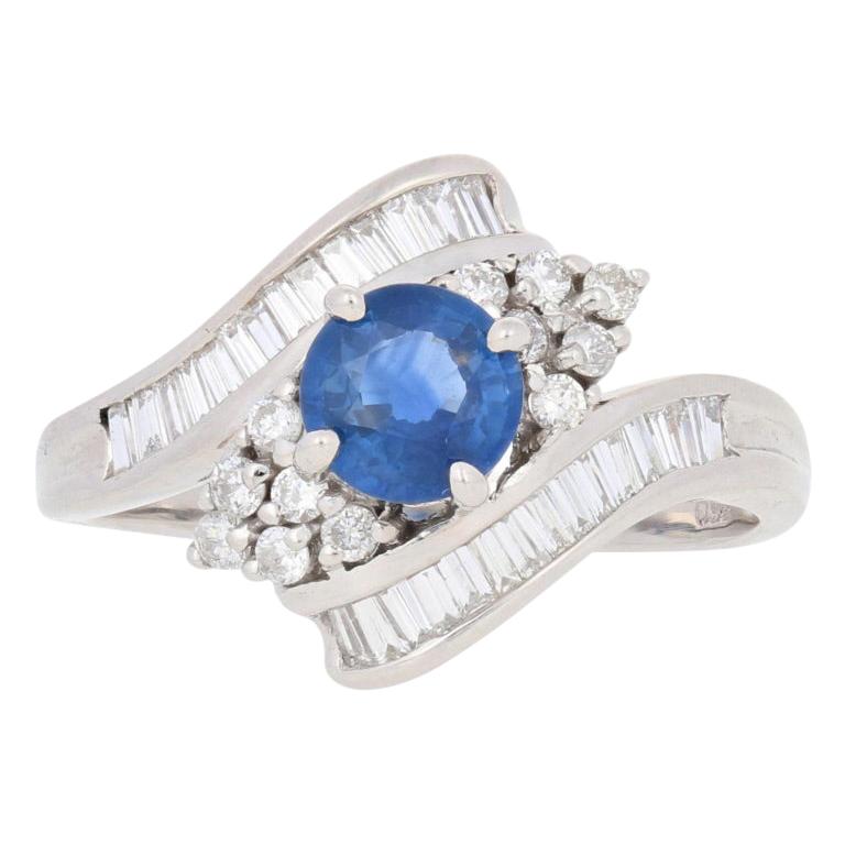 1.38 Carat Round Cut Sapphire and Diamond Ring, 18 Karat White Gold Bypass For Sale