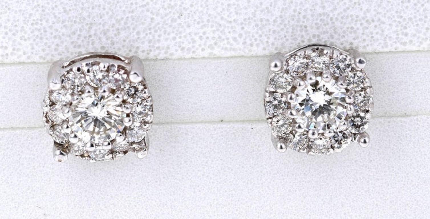 Round Cut 1.38 Carat Round Diamond Floret Design White Gold Stud Earrings For Sale