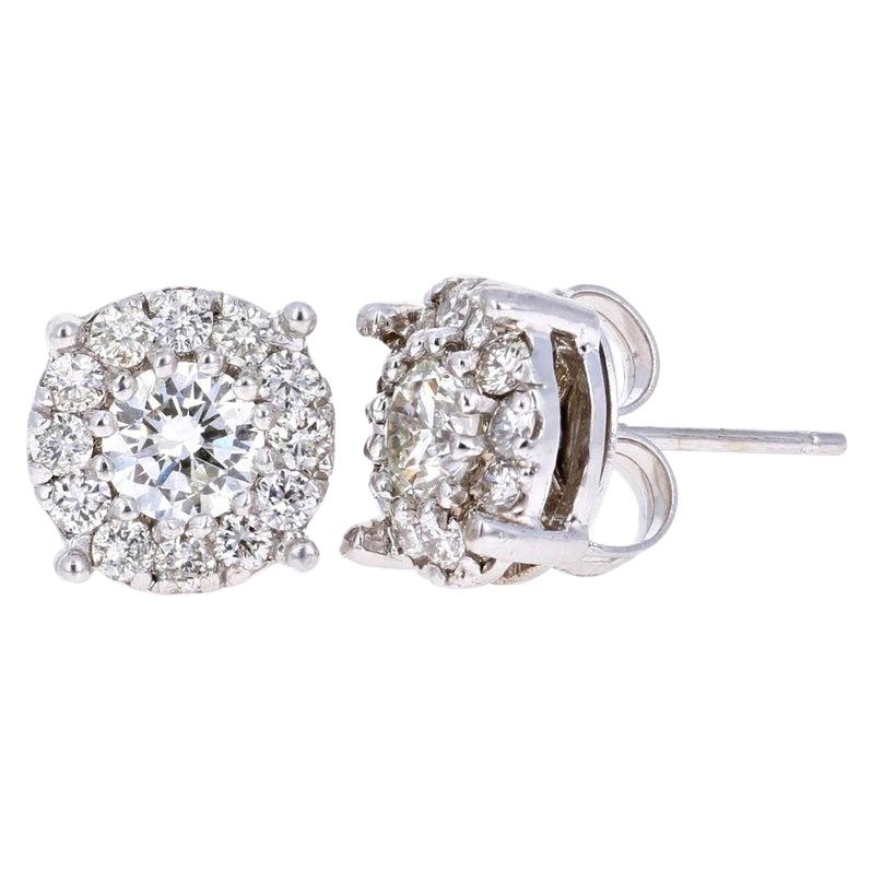 1.38 Carat Round Diamond Floret Design White Gold Stud Earrings For Sale
