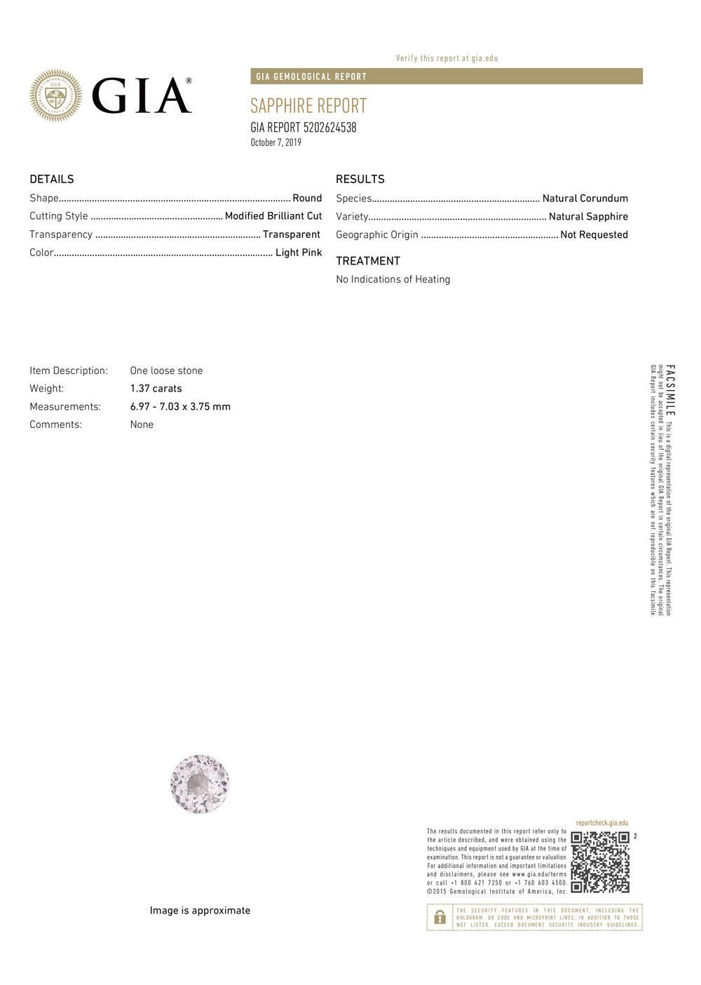 Saphir rose de forme ronde non chauffé de 1,38 carat, certifié GIA Unisexe en vente