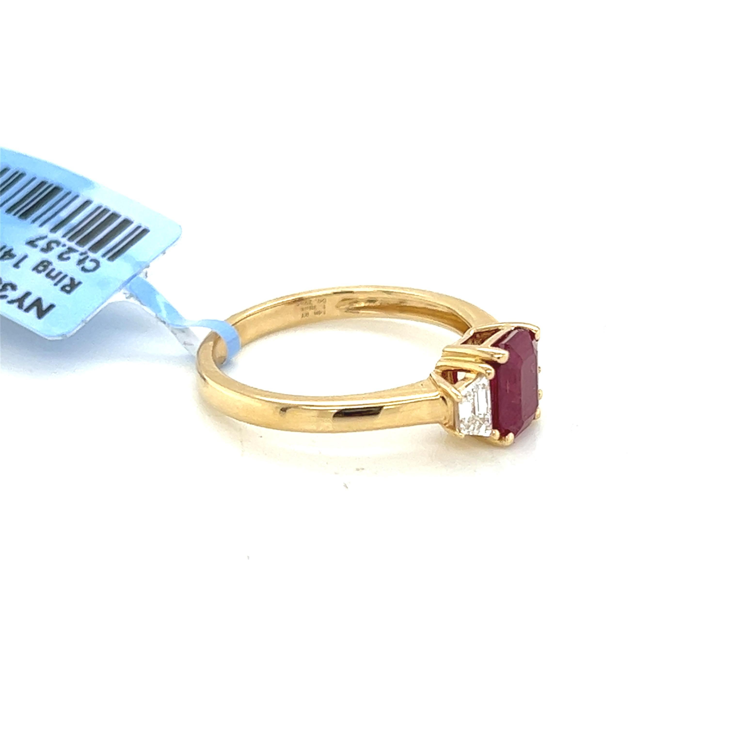 Emerald Cut 1.38 Carat Ruby and Diamond Three Stone Ring For Sale