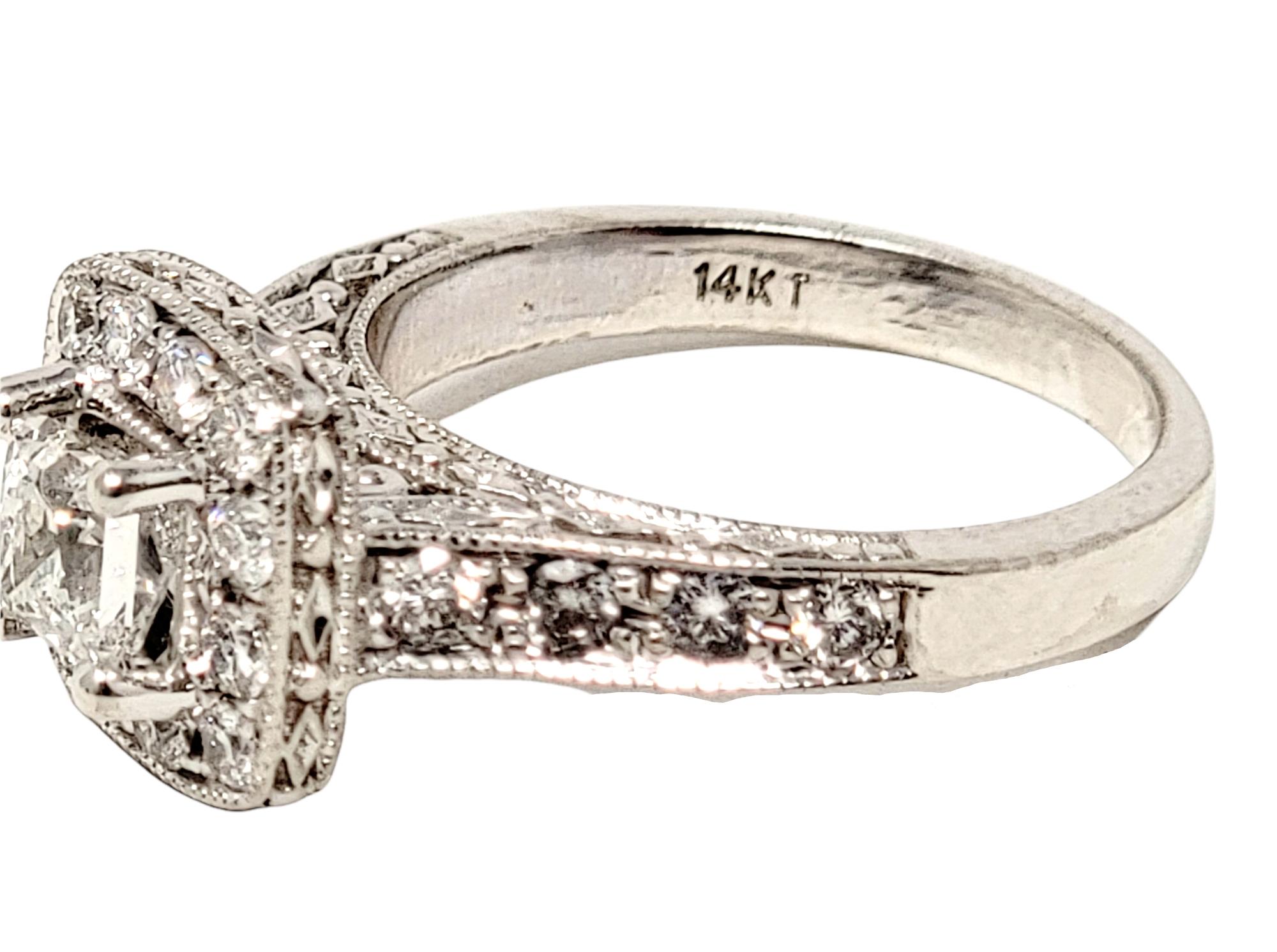 1.38 Carat Total Princess Cut Diamond Halo Engagement Ring 14 Karat White Gold For Sale 9