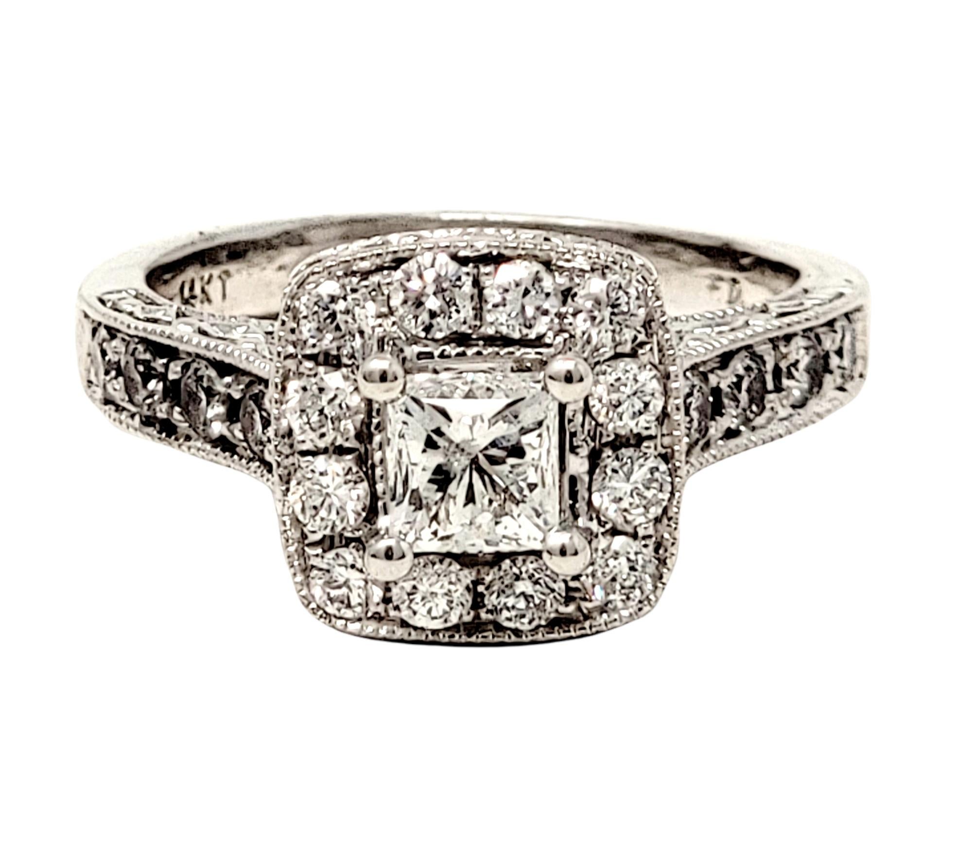 Contemporary 1.38 Carat Total Princess Cut Diamond Halo Engagement Ring 14 Karat White Gold For Sale