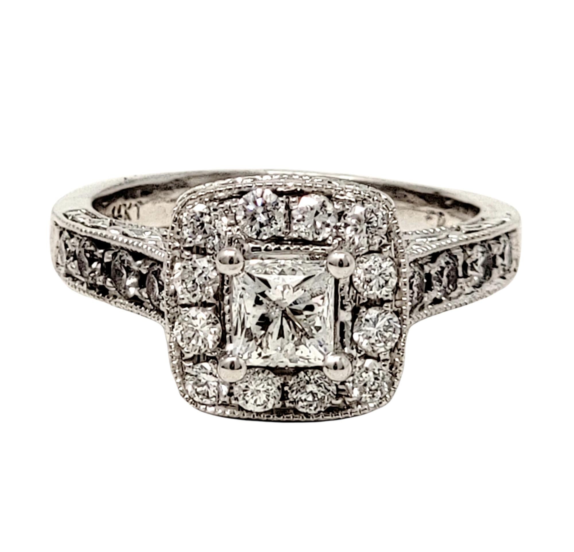 1.38 Carat Total Princess Cut Diamond Halo Engagement Ring 14 Karat White Gold In Good Condition For Sale In Scottsdale, AZ