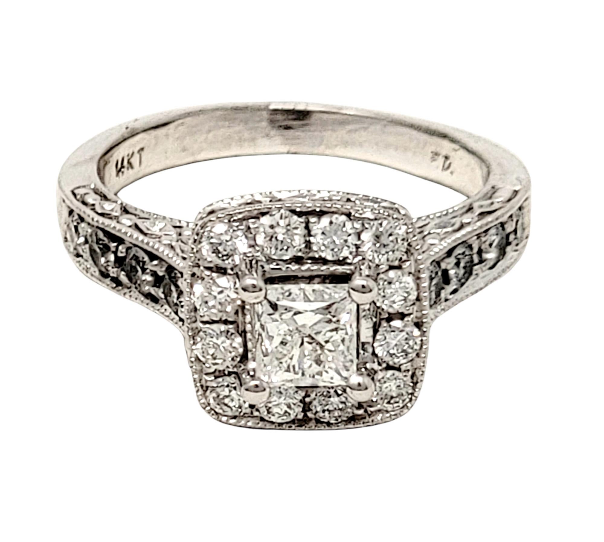 Women's 1.38 Carat Total Princess Cut Diamond Halo Engagement Ring 14 Karat White Gold For Sale