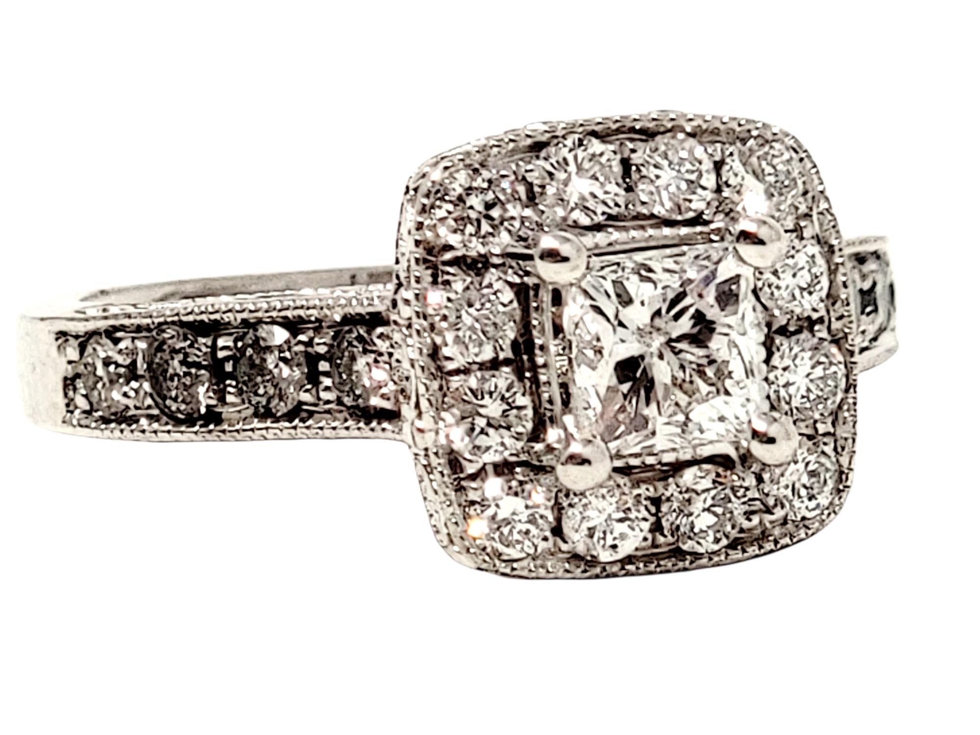 1.38 Carat Total Princess Cut Diamond Halo Engagement Ring 14 Karat White Gold For Sale 1