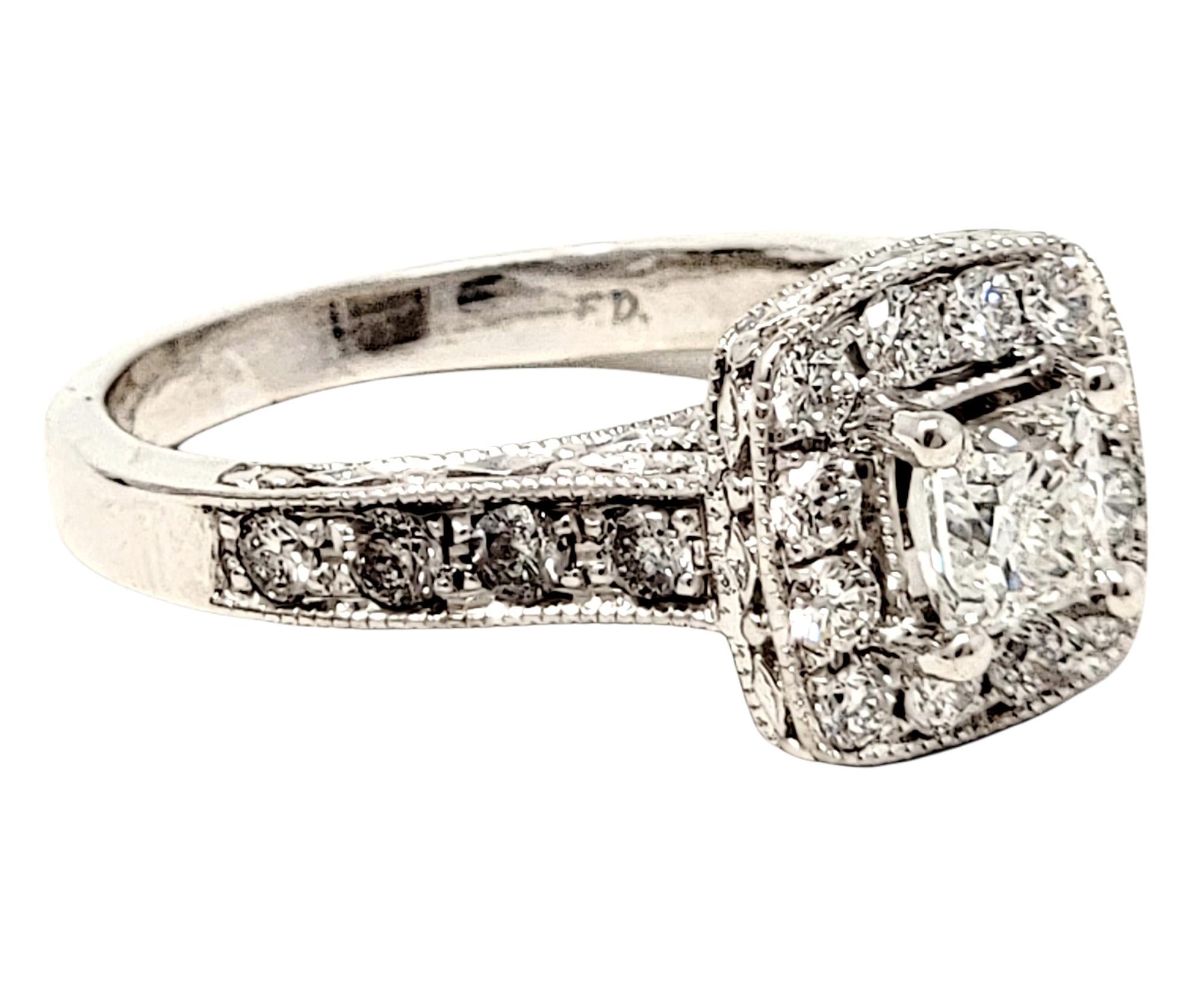 1.38 Carat Total Princess Cut Diamond Halo Engagement Ring 14 Karat White Gold For Sale 2