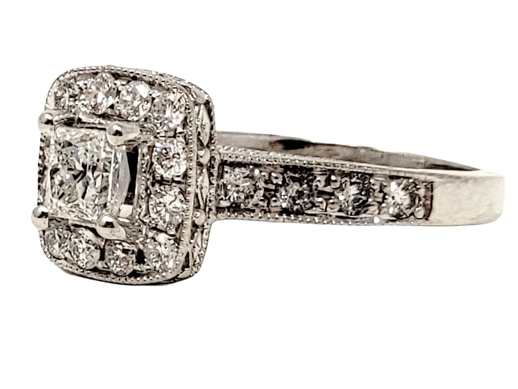 1.38 Carat Total Princess Cut Diamond Halo Engagement Ring 14 Karat White Gold For Sale 3