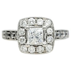 Natural Princess Cut Diamond Halo Engagement Ring 14 Karat White Gold