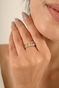 1.38 CT Natural Multi Sapphire & Diamond Five-Stone Halo Ring in 14K Yellow Gold