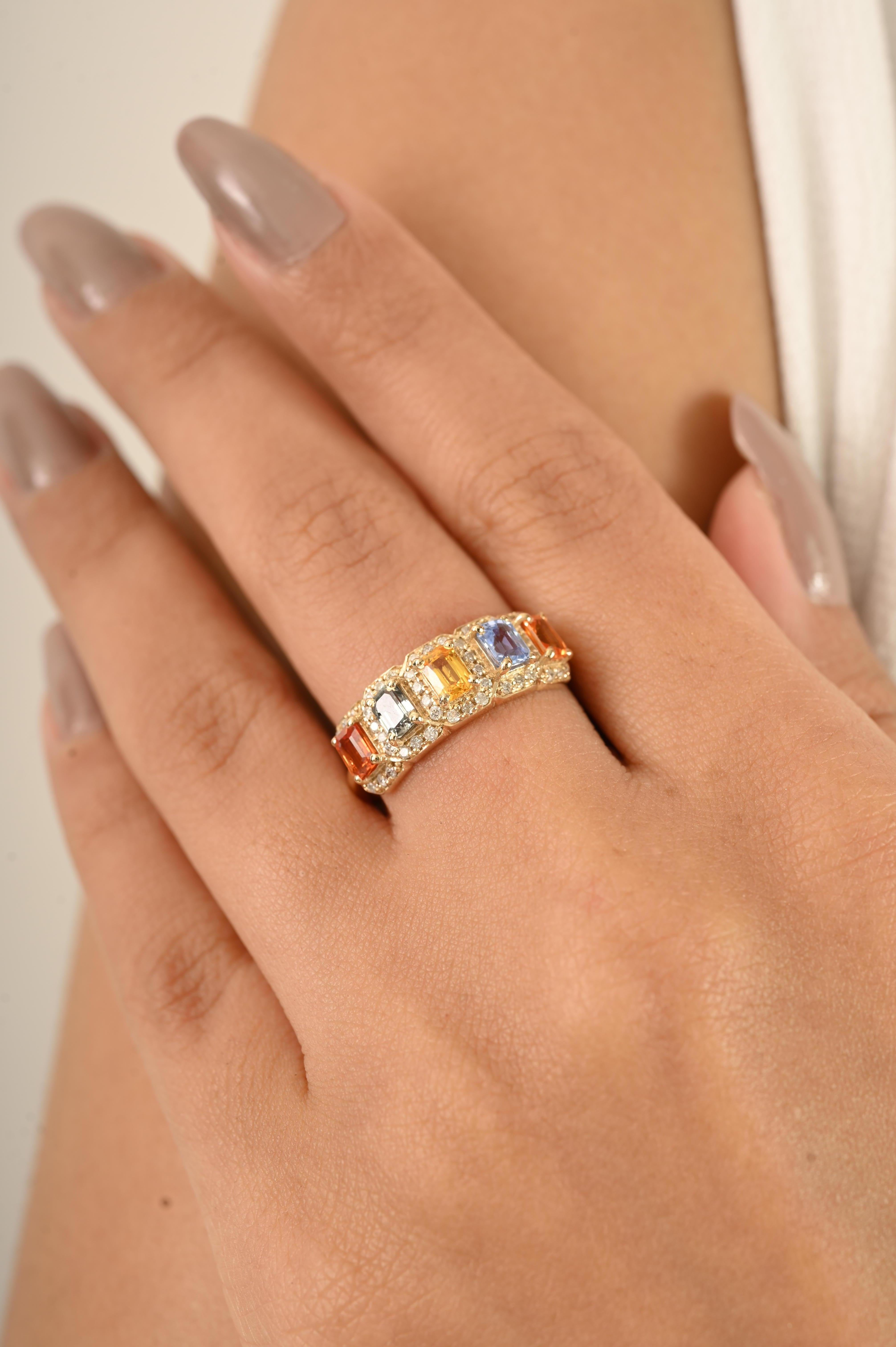 En venta: Anillo Halo de Cinco Piedras de Zafiro Múltiple Natural y Diamante de 1,38 qt en oro amarillo de 14 quilates  8