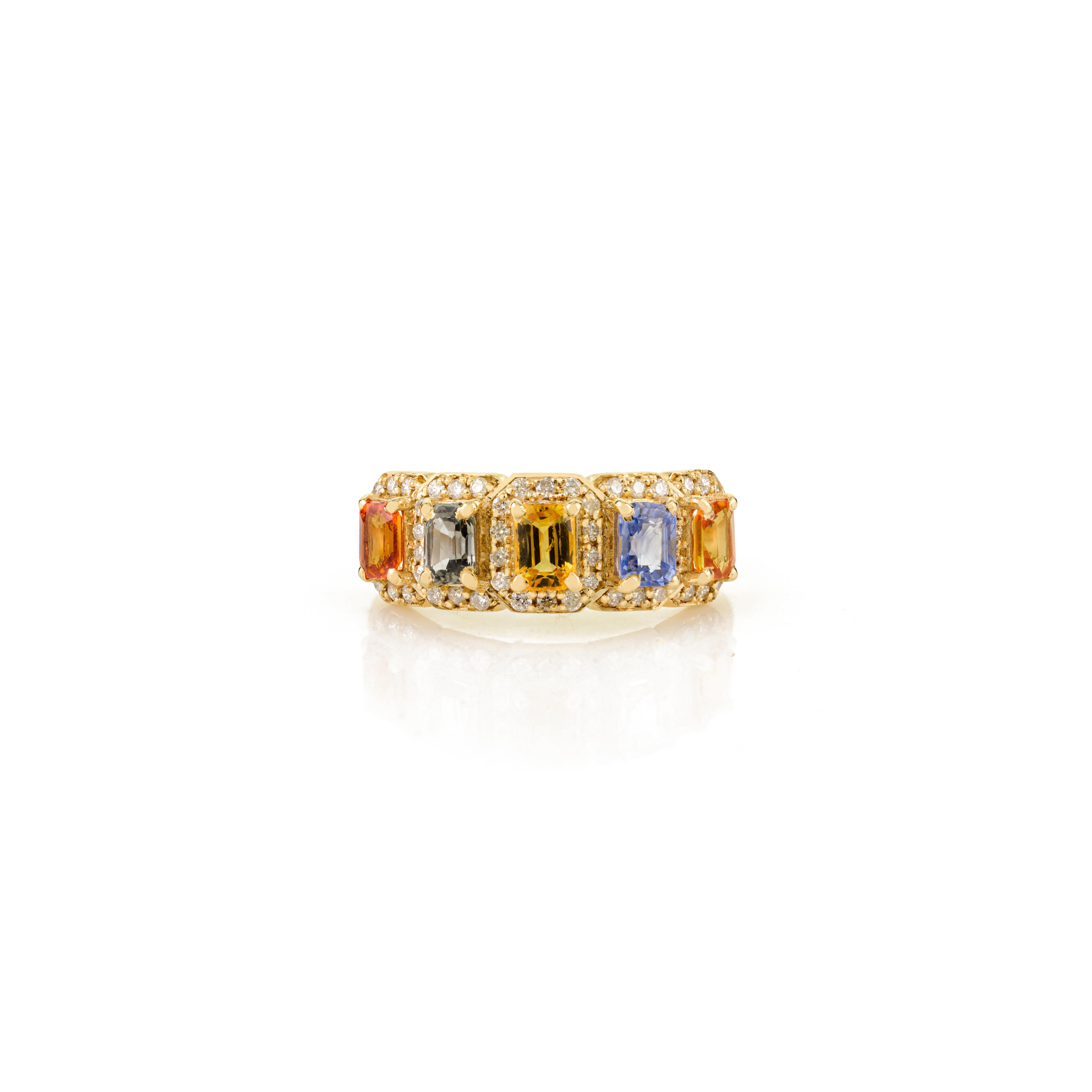En venta: Anillo Halo de Cinco Piedras de Zafiro Múltiple Natural y Diamante de 1,38 qt en oro amarillo de 14 quilates  9