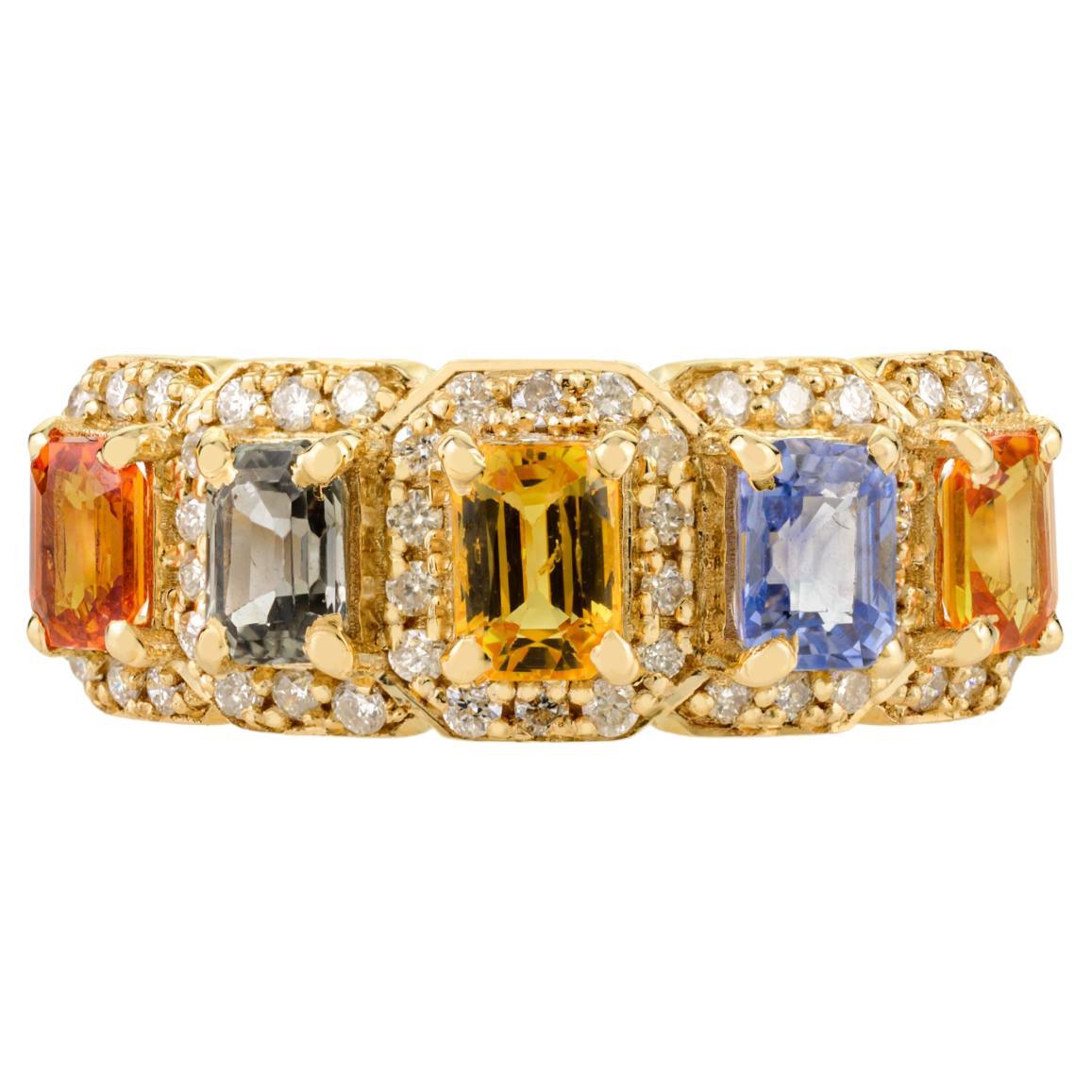 En venta: Anillo Halo de Cinco Piedras de Zafiro Múltiple Natural y Diamante de 1,38 qt en oro amarillo de 14 quilates