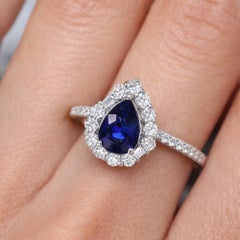 1.38 CTW Blue Sapphire Gemstone Halo Diamond Engagement Ring 18k White Gold