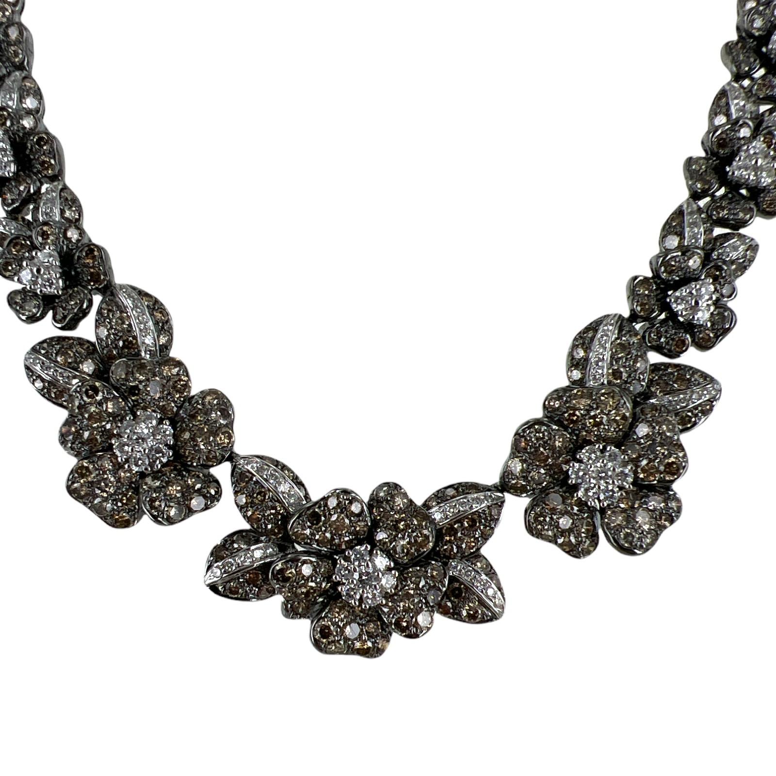 Round Cut 13.8 CTW Diamond Floral 18 Karat Blackened Gold Collar Necklace For Sale