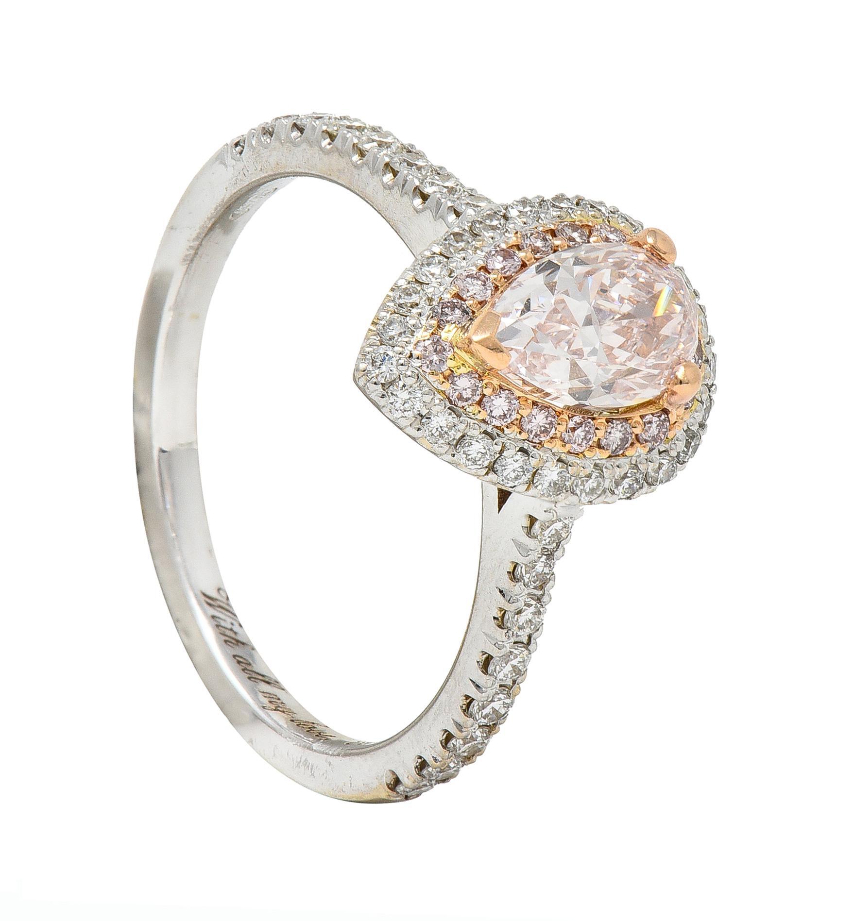 1.38 CTW Pear Fancy Pink Diamond Bague de fiançailles Halo en or 18 carats GIA en vente 8