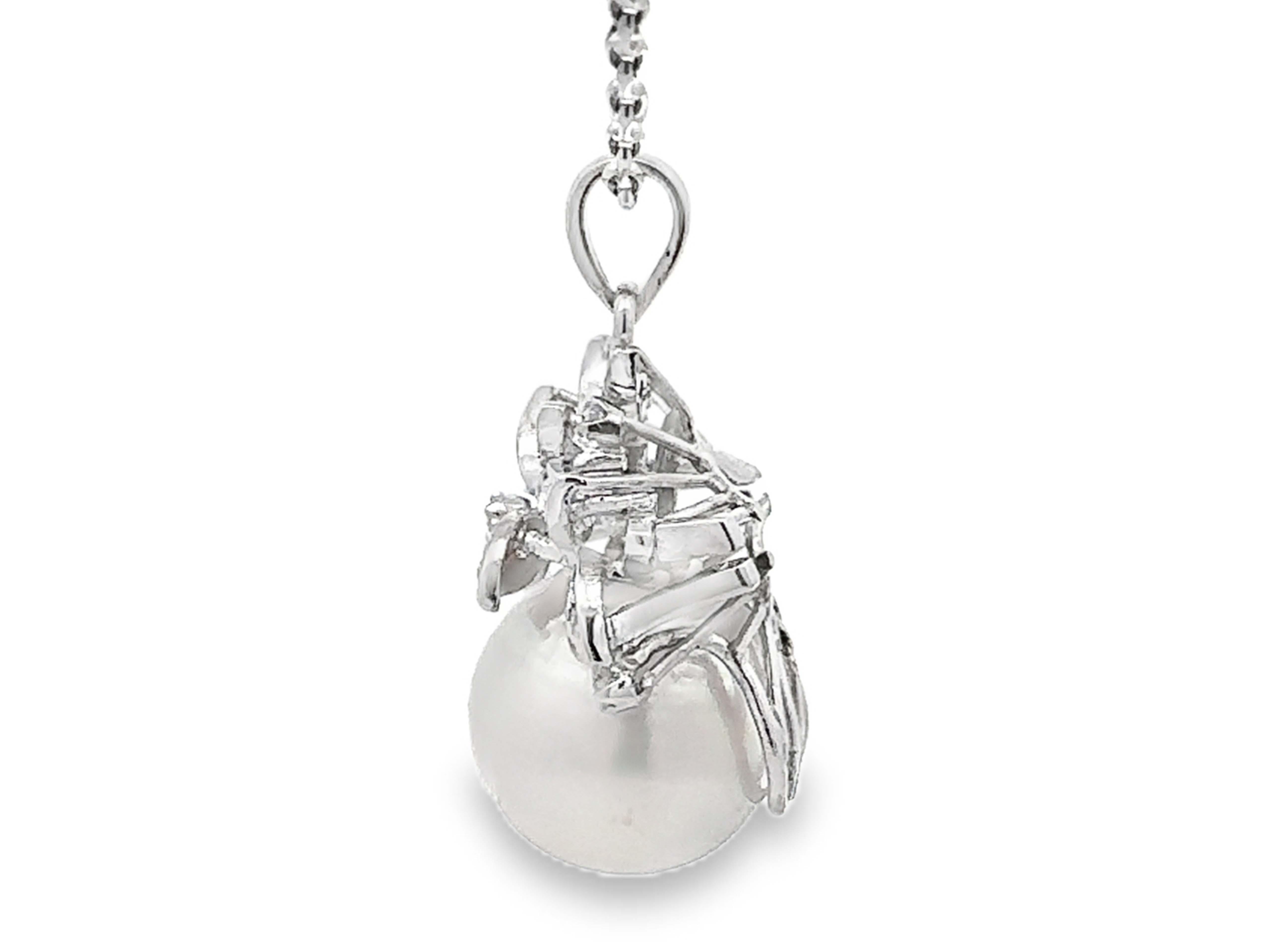 Women's 13.8 MM Pearl Diamond Pendant on Chain 18k White Gold Italy For Sale