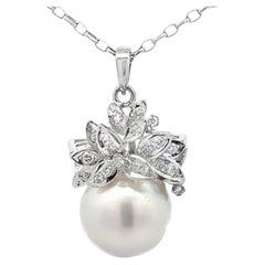 13.8 MM Colgante Perla Diamante en Cadena Oro Blanco 18k Italia