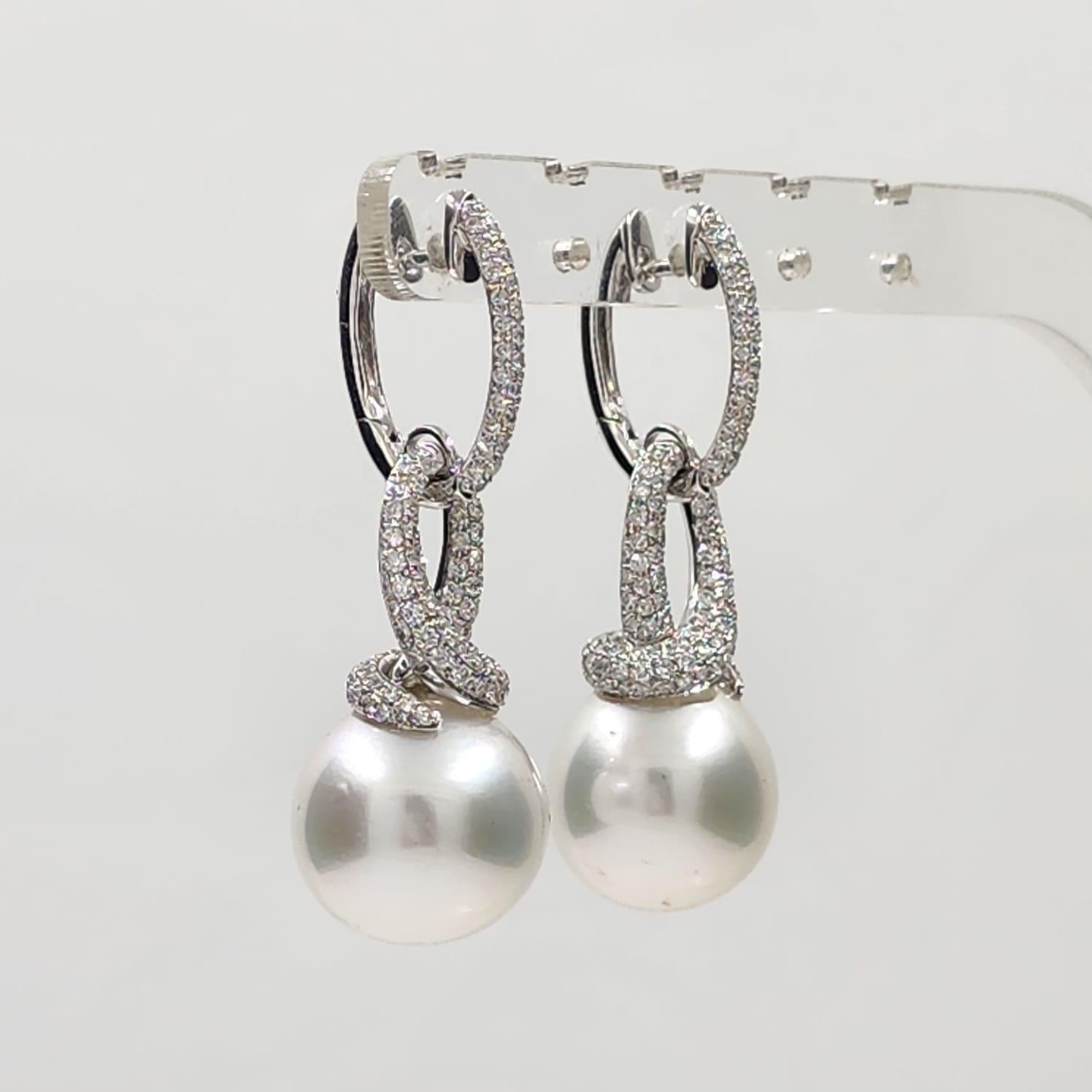 Bead 13.8 mm South Sea Pearl Diamond Dangle Earrings in 14 Karat Gold For Sale