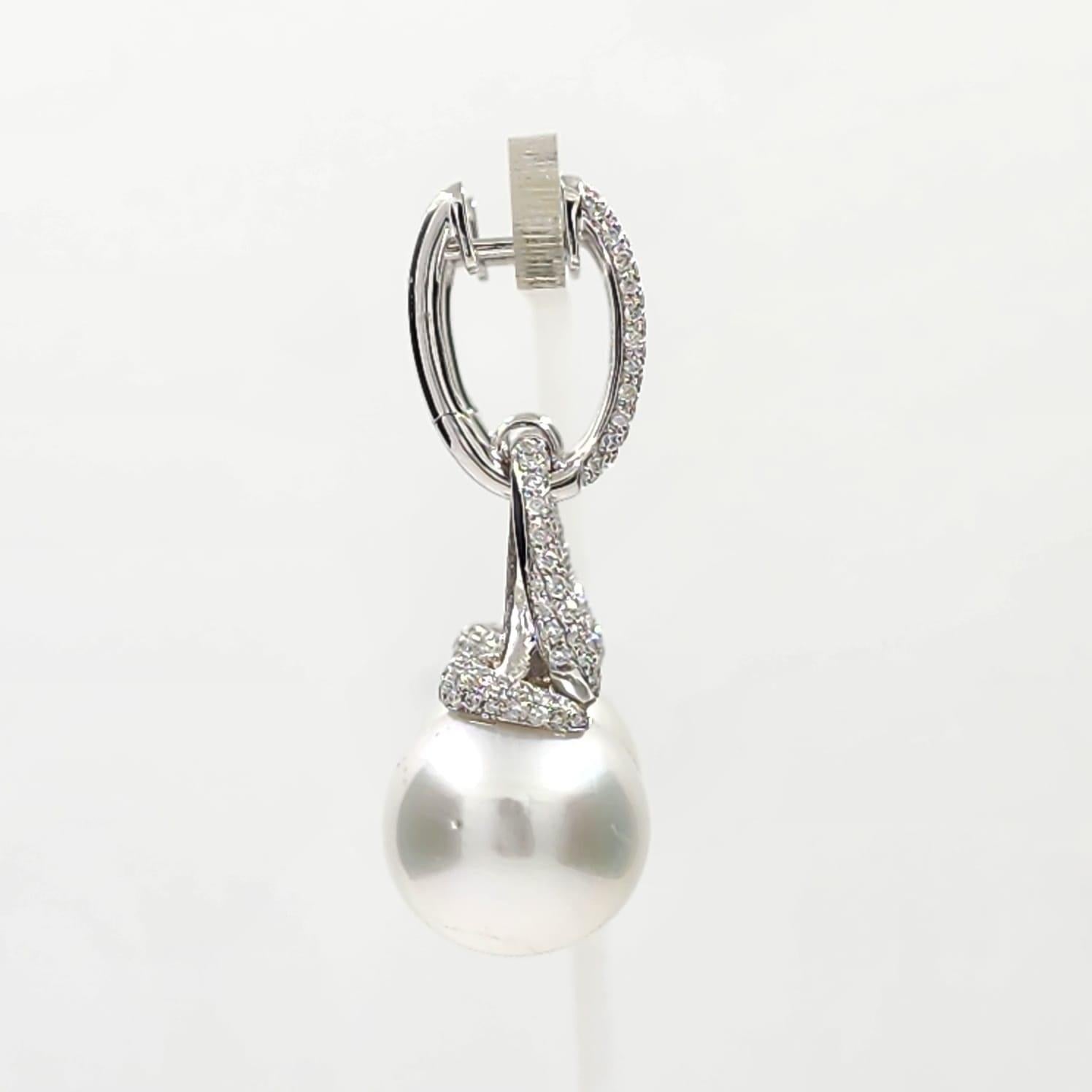 Women's 13.8 mm South Sea Pearl Diamond Dangle Earrings in 14 Karat Gold For Sale