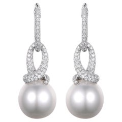 13.8 mm South Sea Pearl Diamond Dangle Earrings in 14 Karat Gold