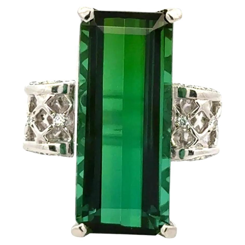 13.80 Carat Long Emerald Cut Green Tourmaline and Diamond Platinum Ring