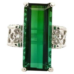 13.80 Carat Long Emerald Cut Green Tourmaline and Diamond Platinum Ring