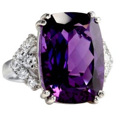 13.80 Carat Natural Amethyst and Diamond 14 Karat Solid White Gold Ring